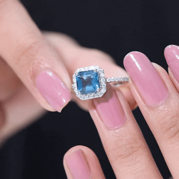 3 Carat Asscher Cut London Blue Topaz Vintage Engagement Ring with Diamond Halo