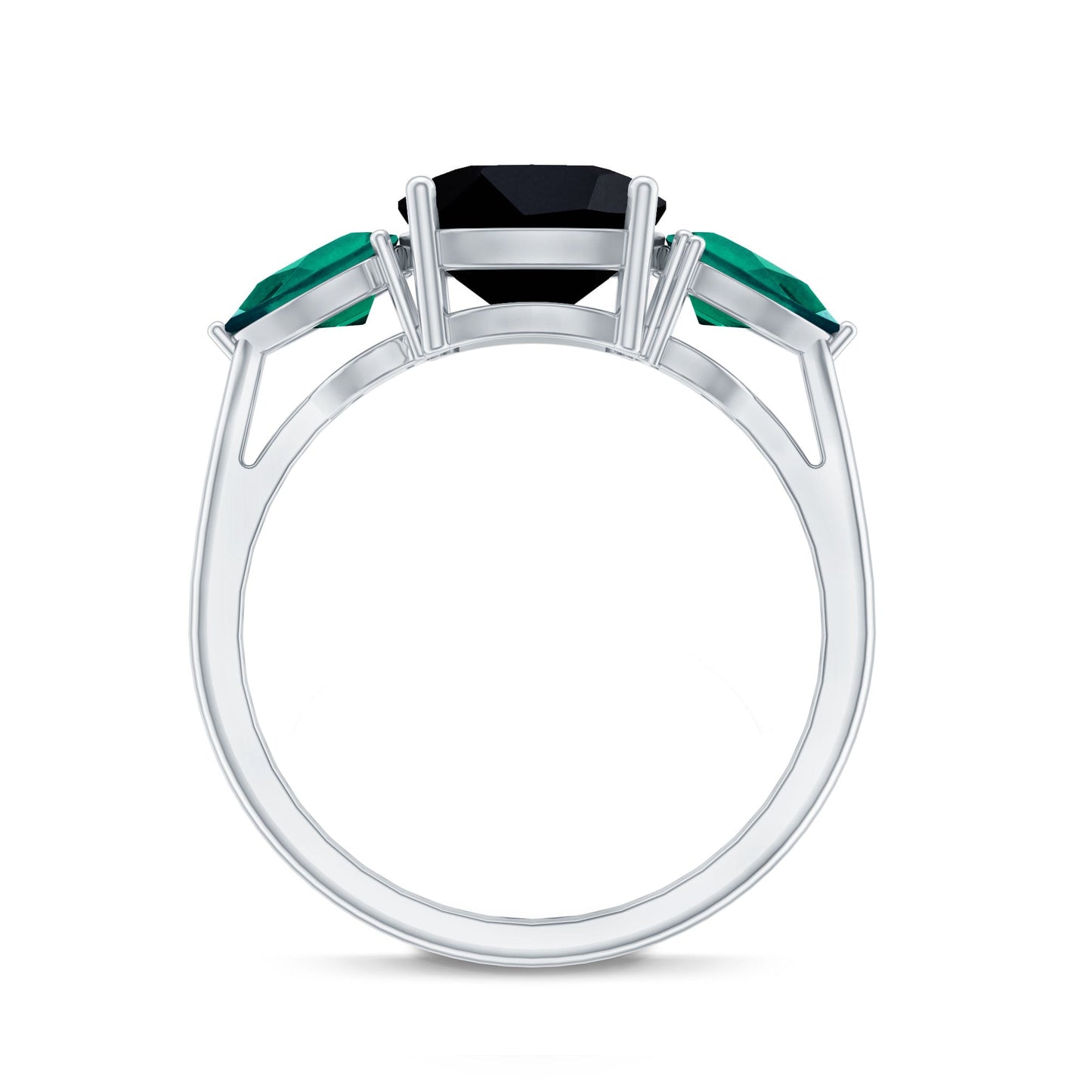 2.8 Carat Certified Lab Grown Black Diamond 3 Stone Engagement Ring with Emerald