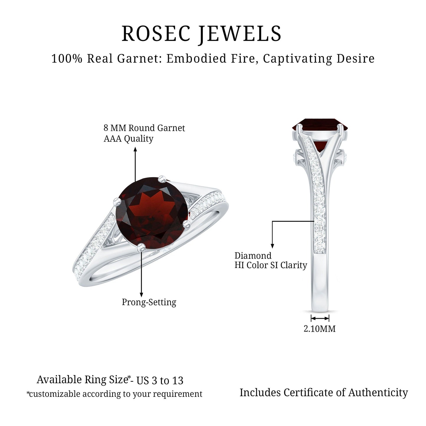 Natural Garnet Solitaire Engagement Ring with Diamond Split Shank
