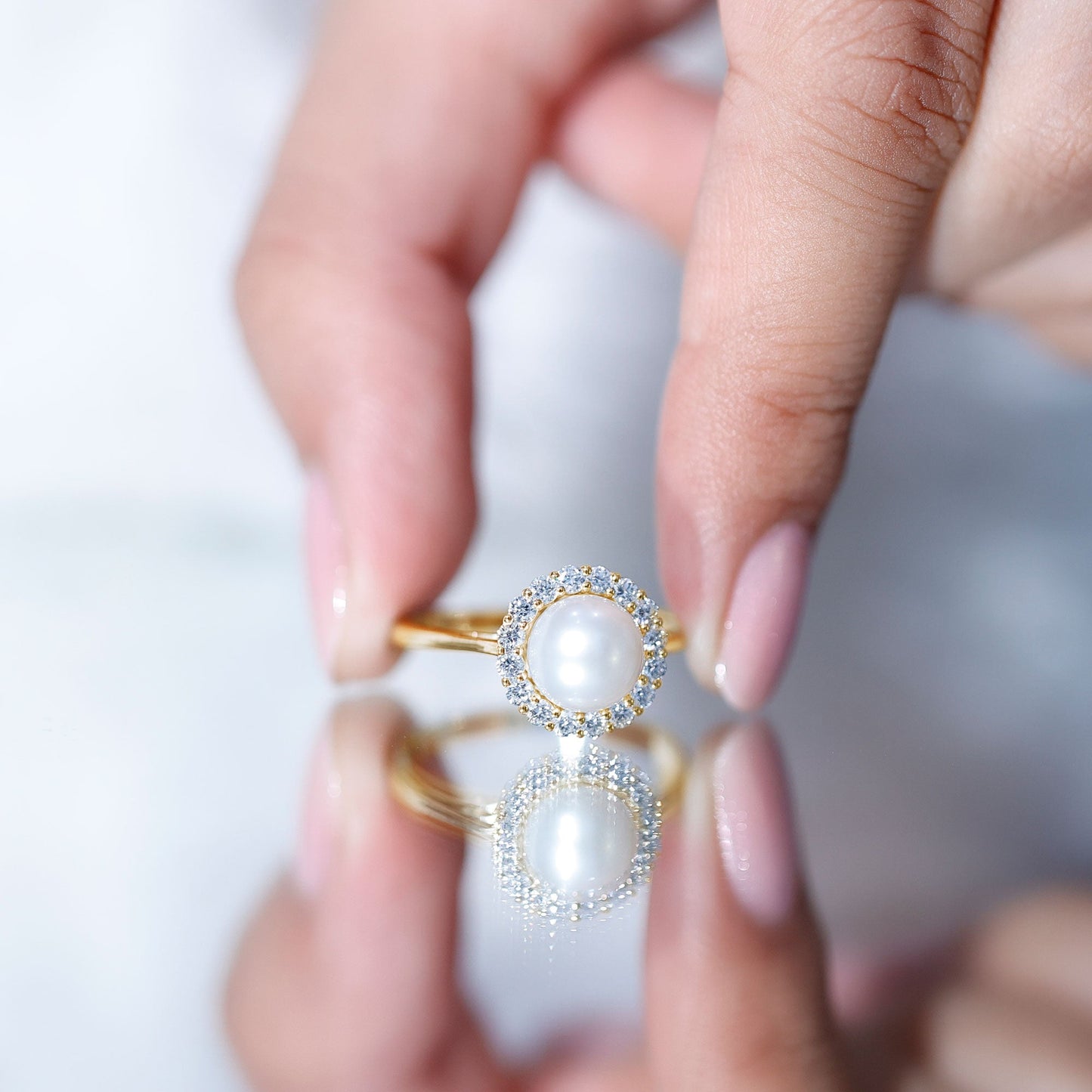 Real 7.4 Carat Freshwater Pearl Engagement Ring with Diamond Halo
