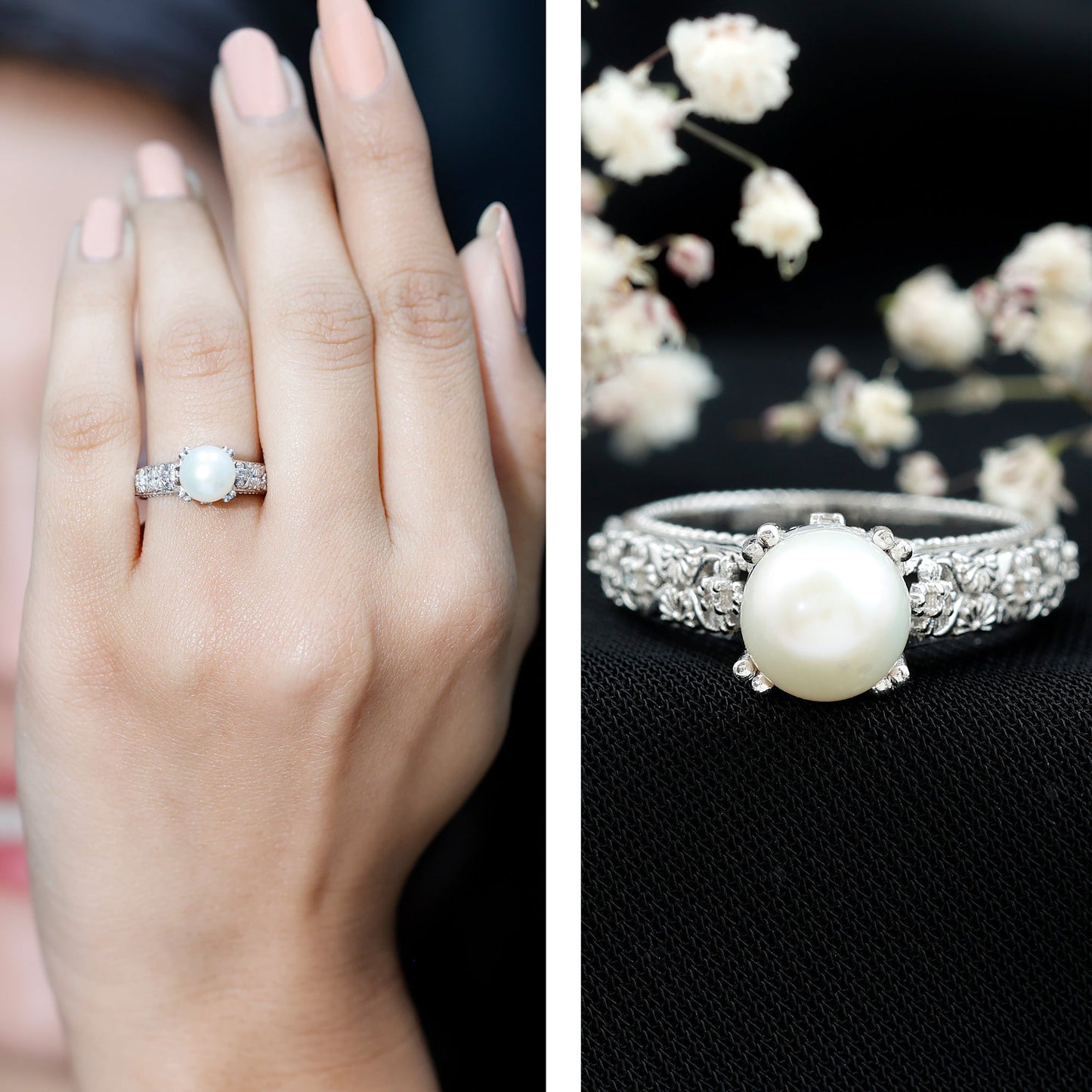 Nature Inspired 7.4 Carat Freshwater Pearl Diamond Engagement Ring