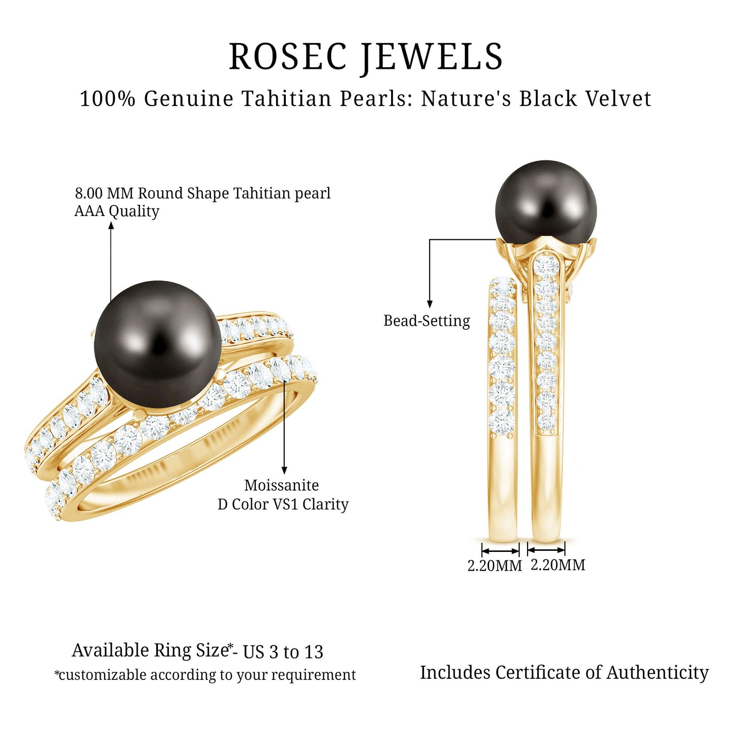Elegant Wedding Ring Set with 7.5 Carat Tahitian Pearl and Moissanite