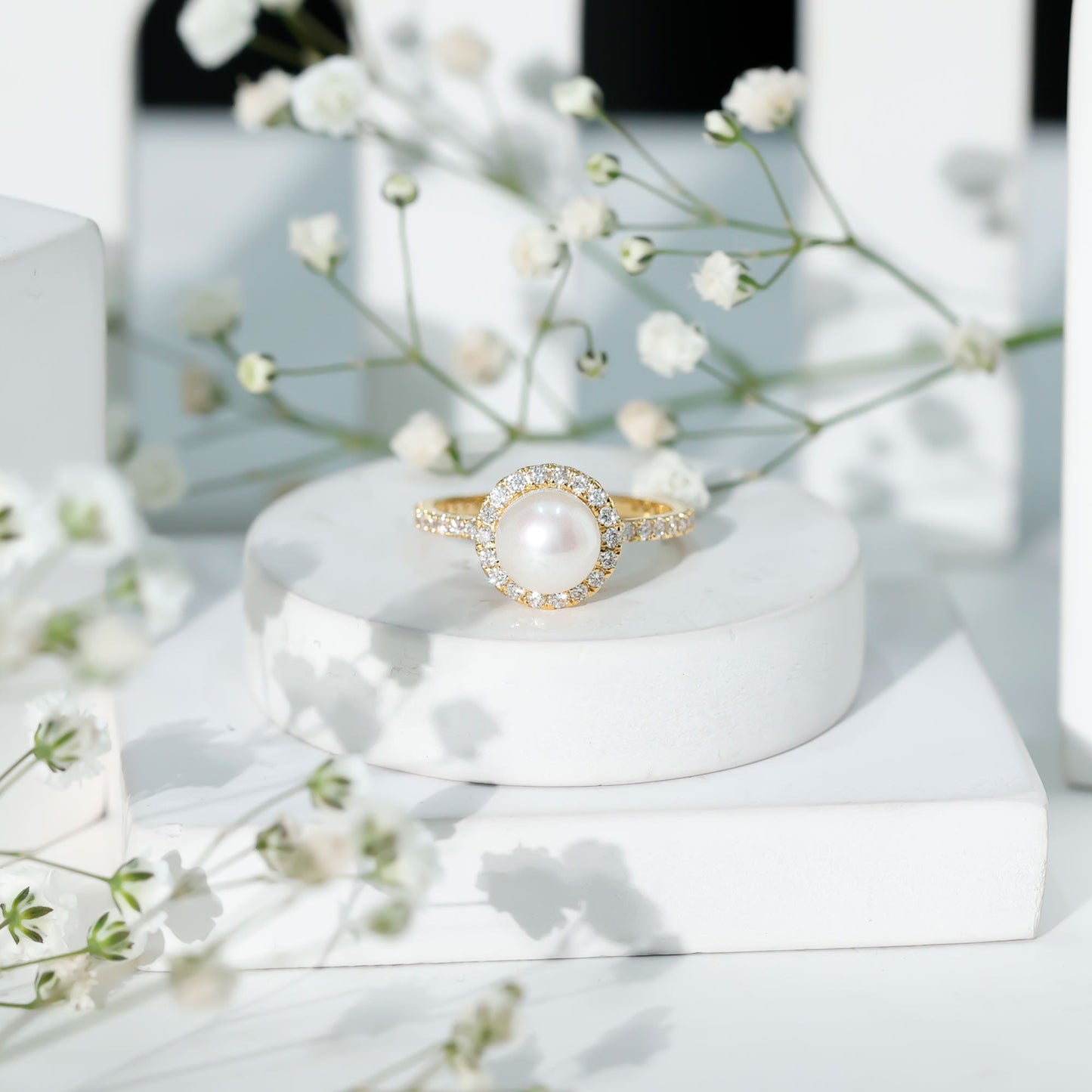 Cultured 7.4 Carat Freshwater Pearl Diamond Engagement Ring with Halo