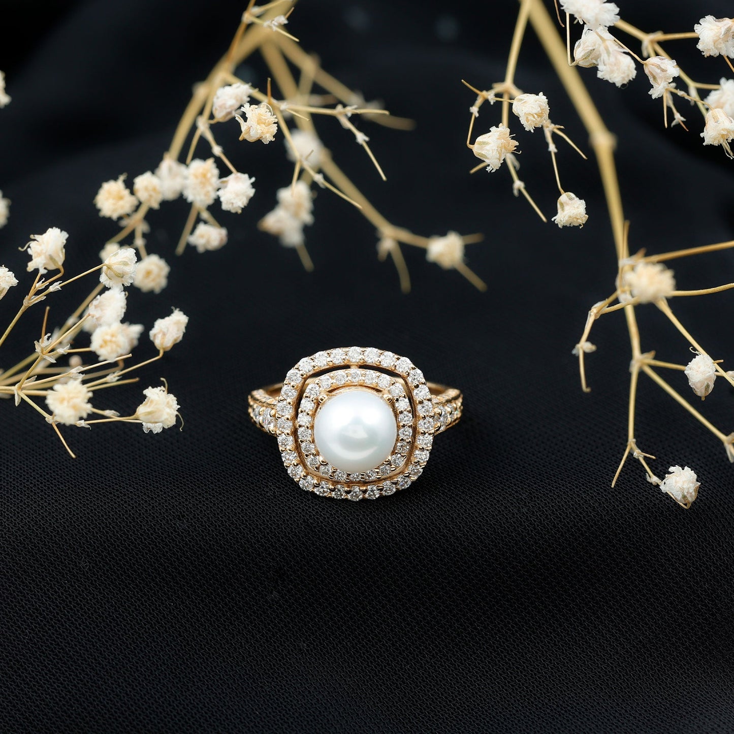 7.4 Carat Freshwater Pearl Double Halo Engagement Ring with Moissanite