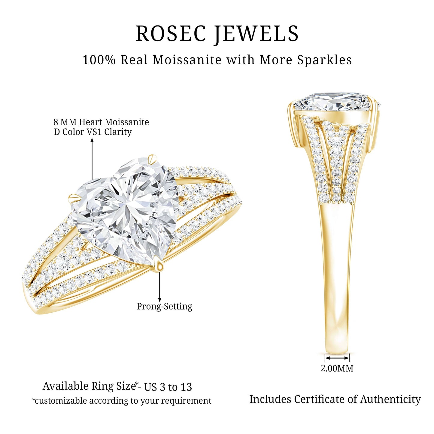 2 Carat Moissanite Heart Designer Engagement Ring with Split Shank