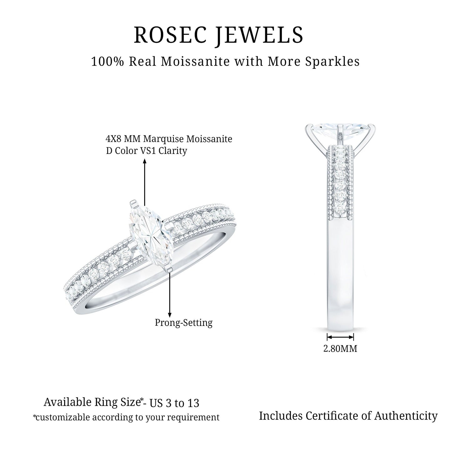 Certified Marquise Cut Moissanite Vintage Solitaire Ring with Side Stones