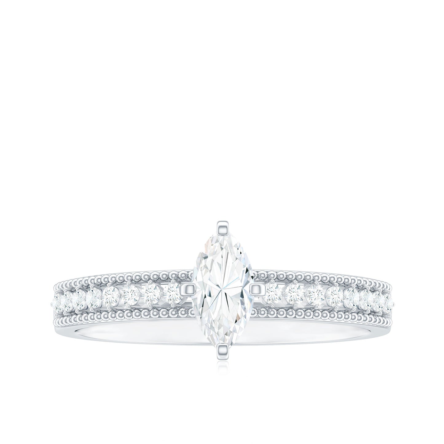 Certified Marquise Cut Moissanite Vintage Solitaire Ring with Side Stones