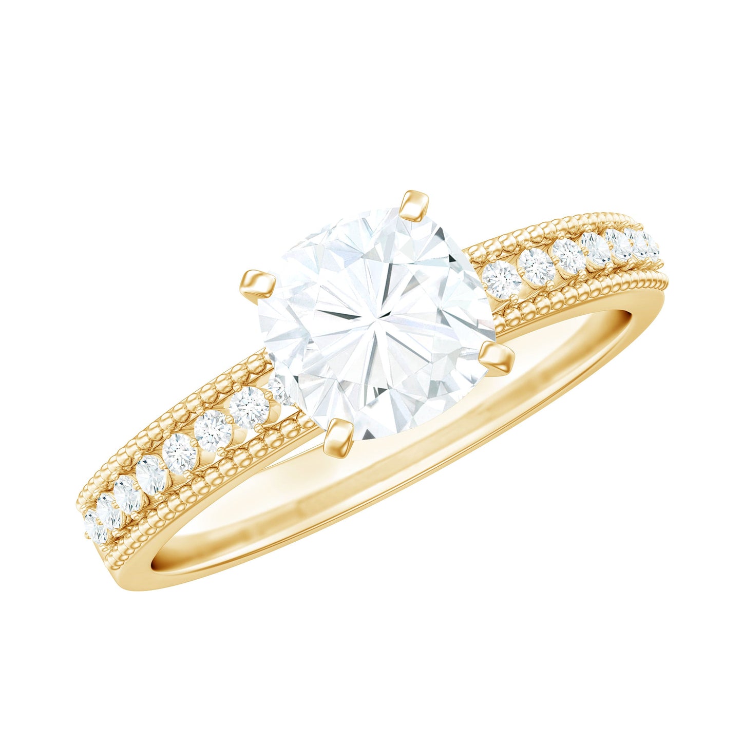 1.7 Carat Cushion Cut Moissanite Solitaire Engagement Ring with Beaded Details