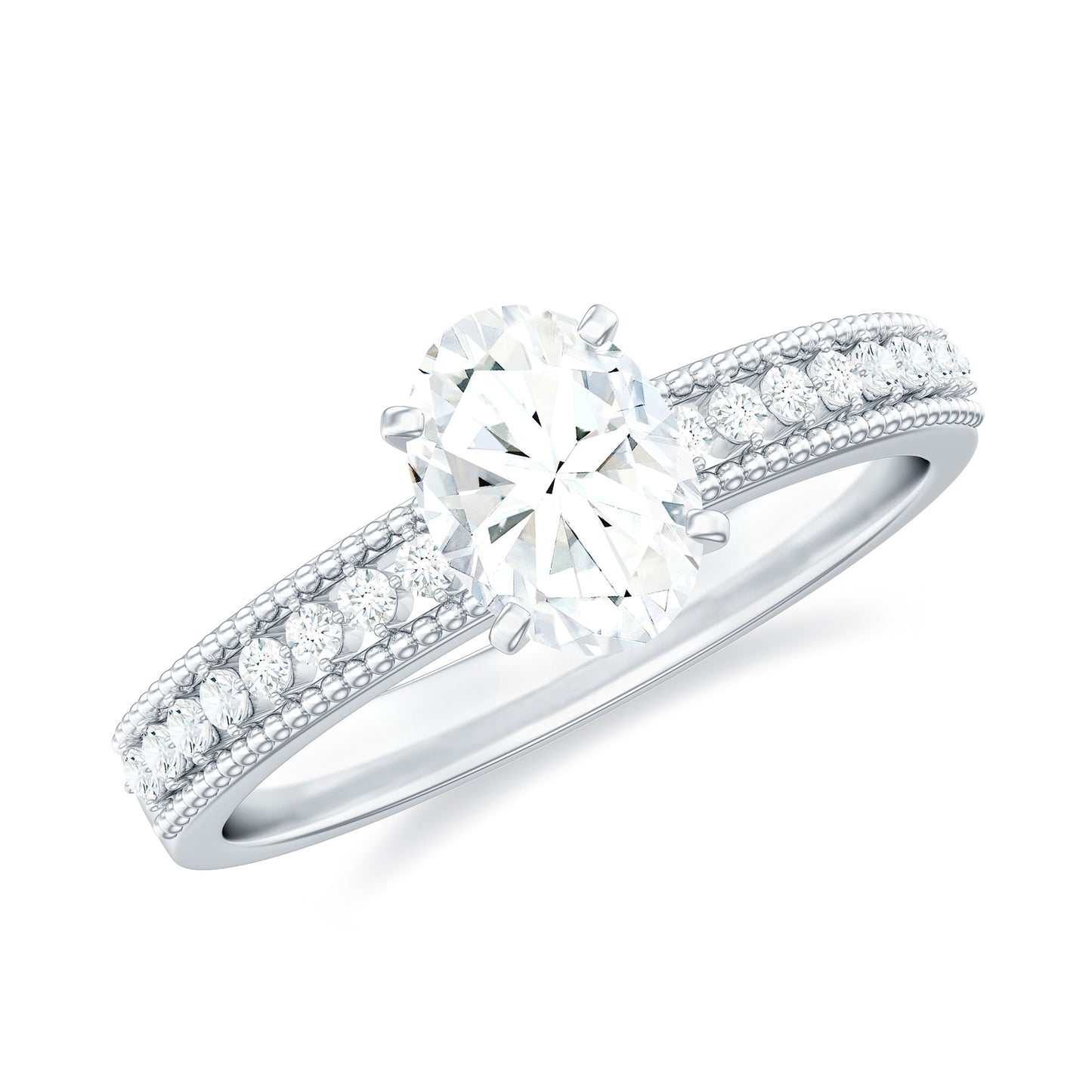 0.9 Carat Oval Cut Moissanite Solitaire Beaded Engagement Ring