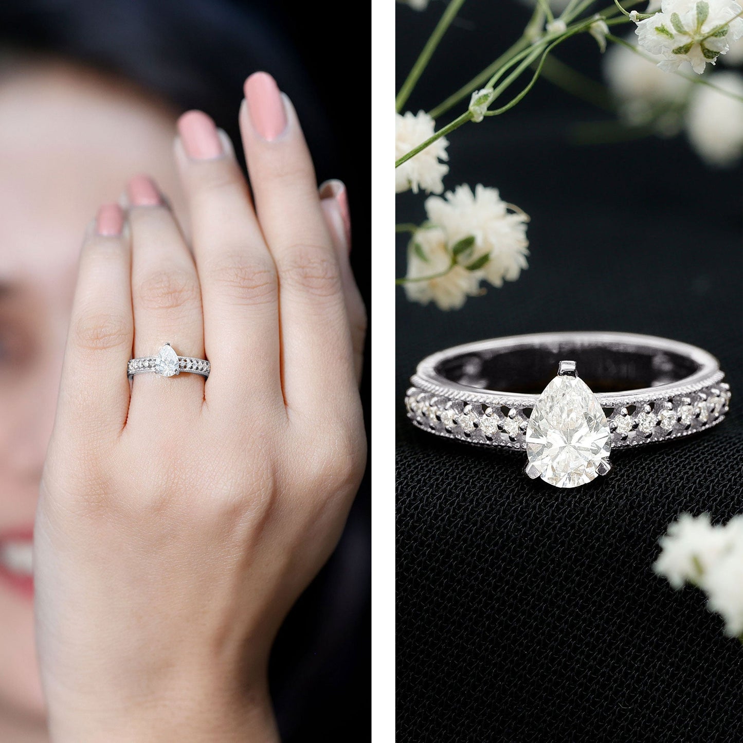 Pear Shaped Moissanite Solitaire Engagement Ring with Beaded Design