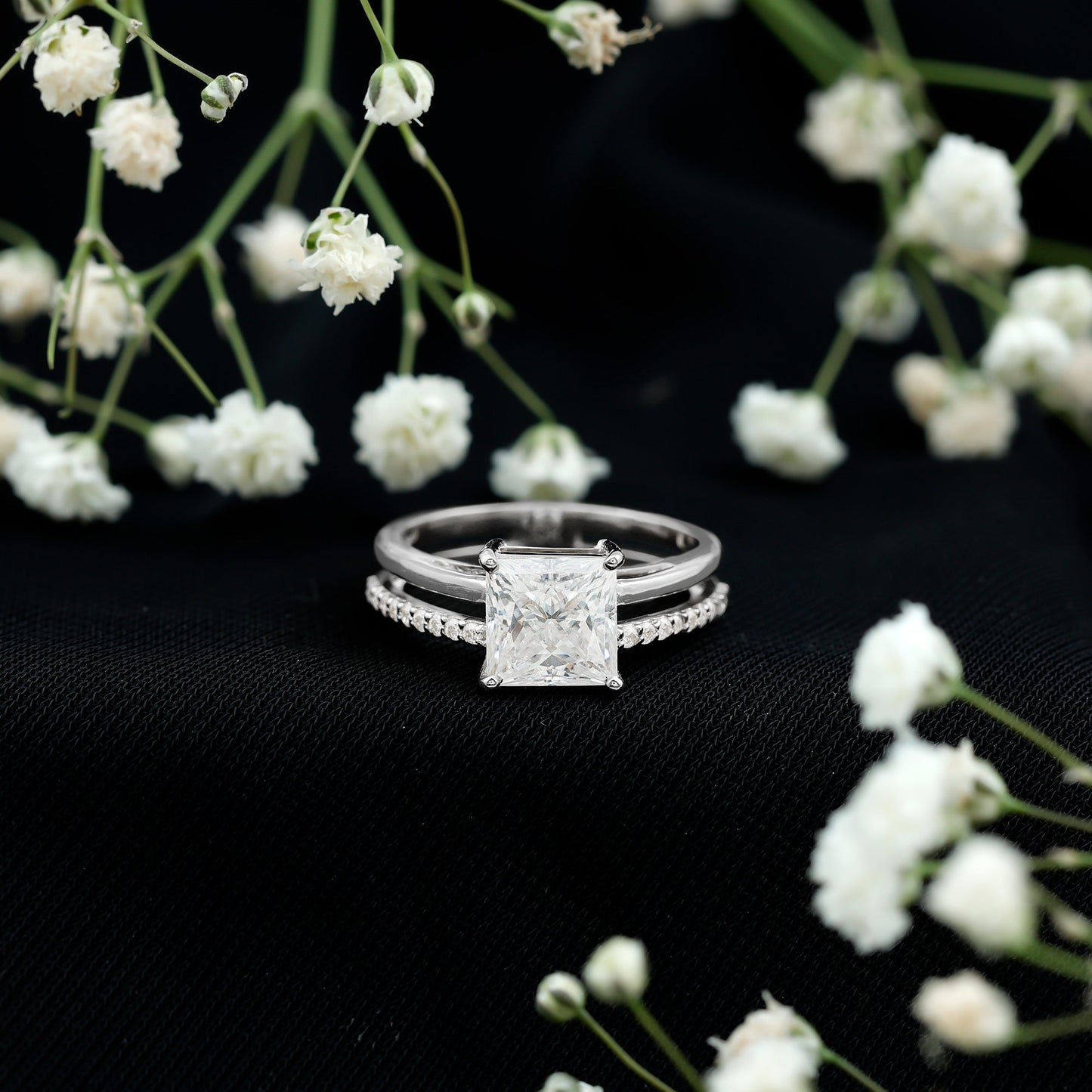 3 Carat Princess Cut Moissanite Double Band Engagement Ring