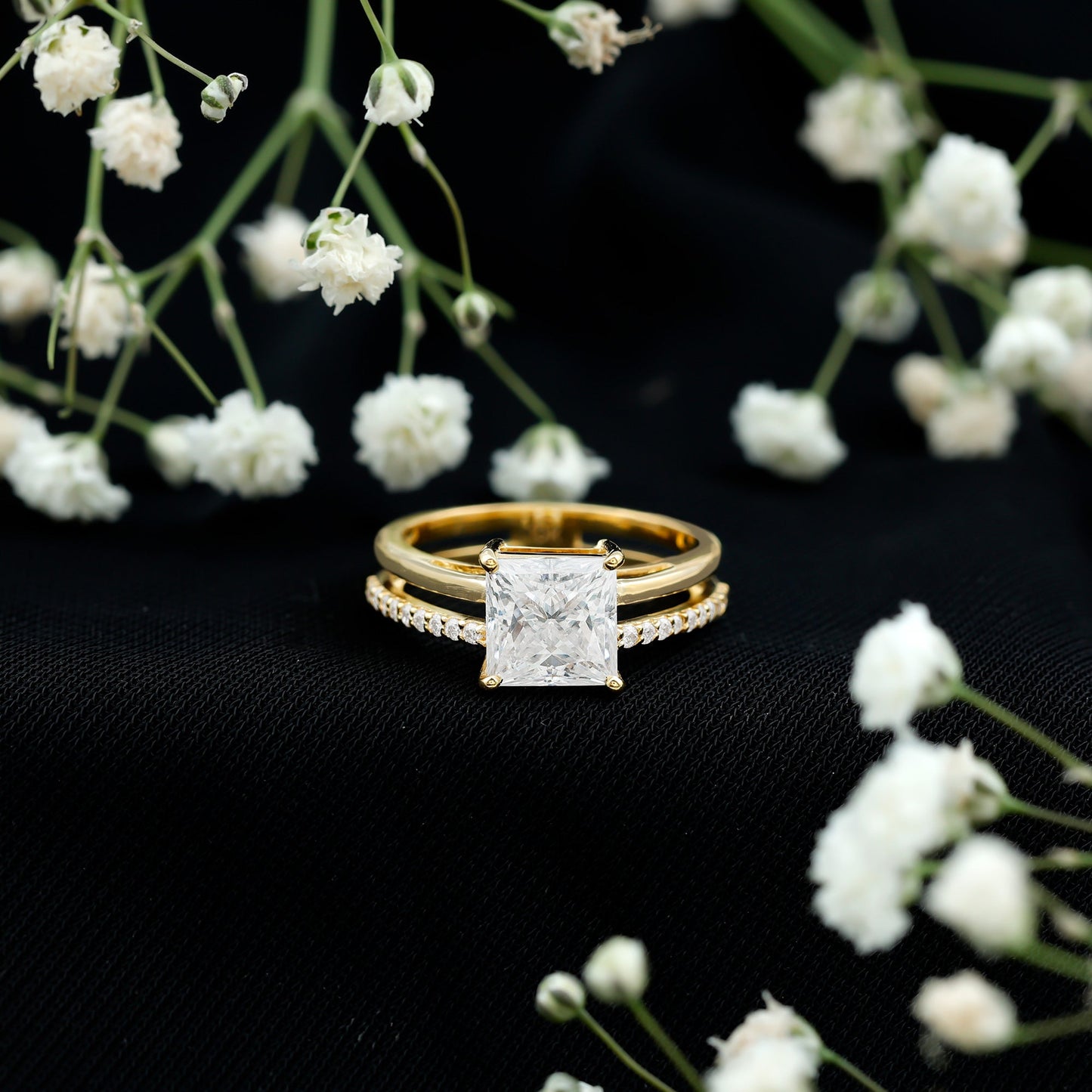 3 Carat Princess Cut Moissanite Double Band Engagement Ring