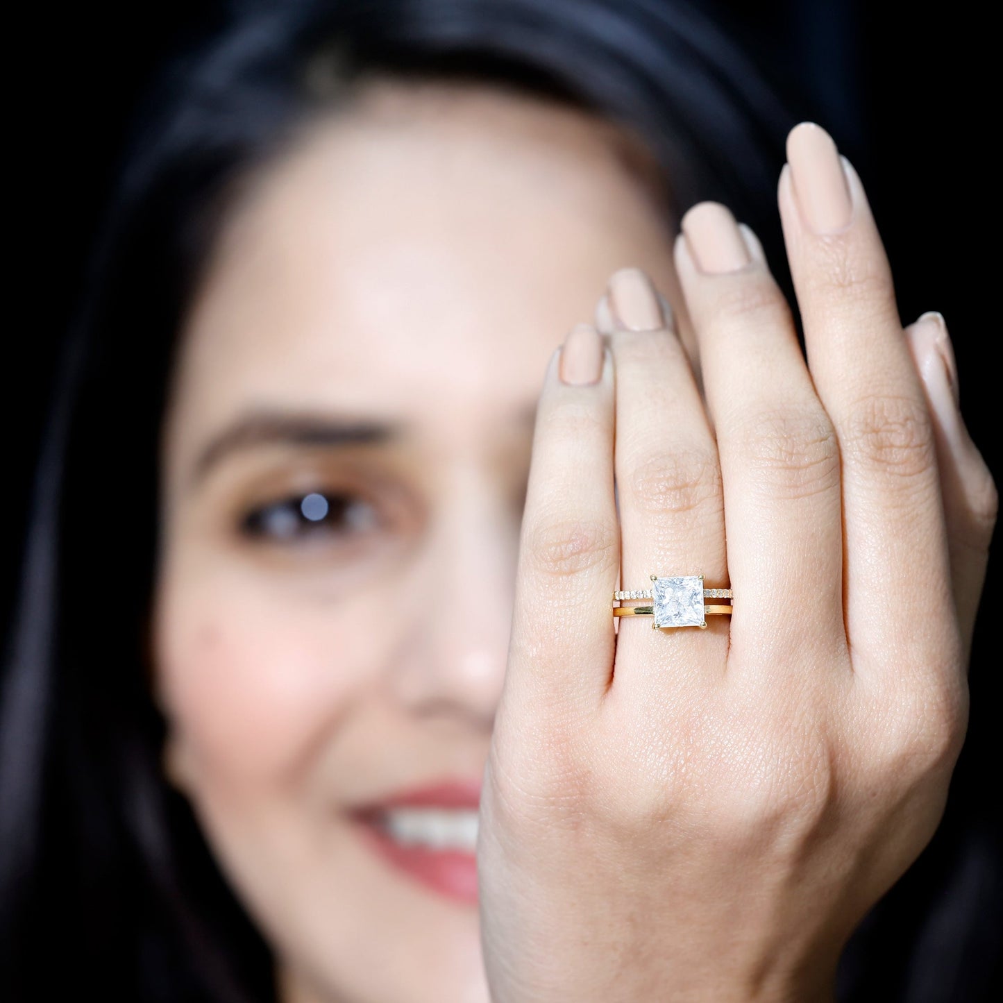 3 Carat Princess Cut Moissanite Double Band Engagement Ring