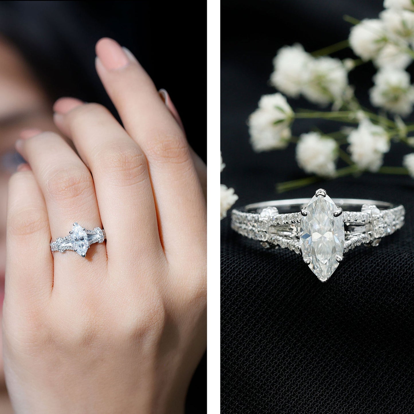 Marquise Cut Moissanite Solitaire Engagement Ring in Split Shank