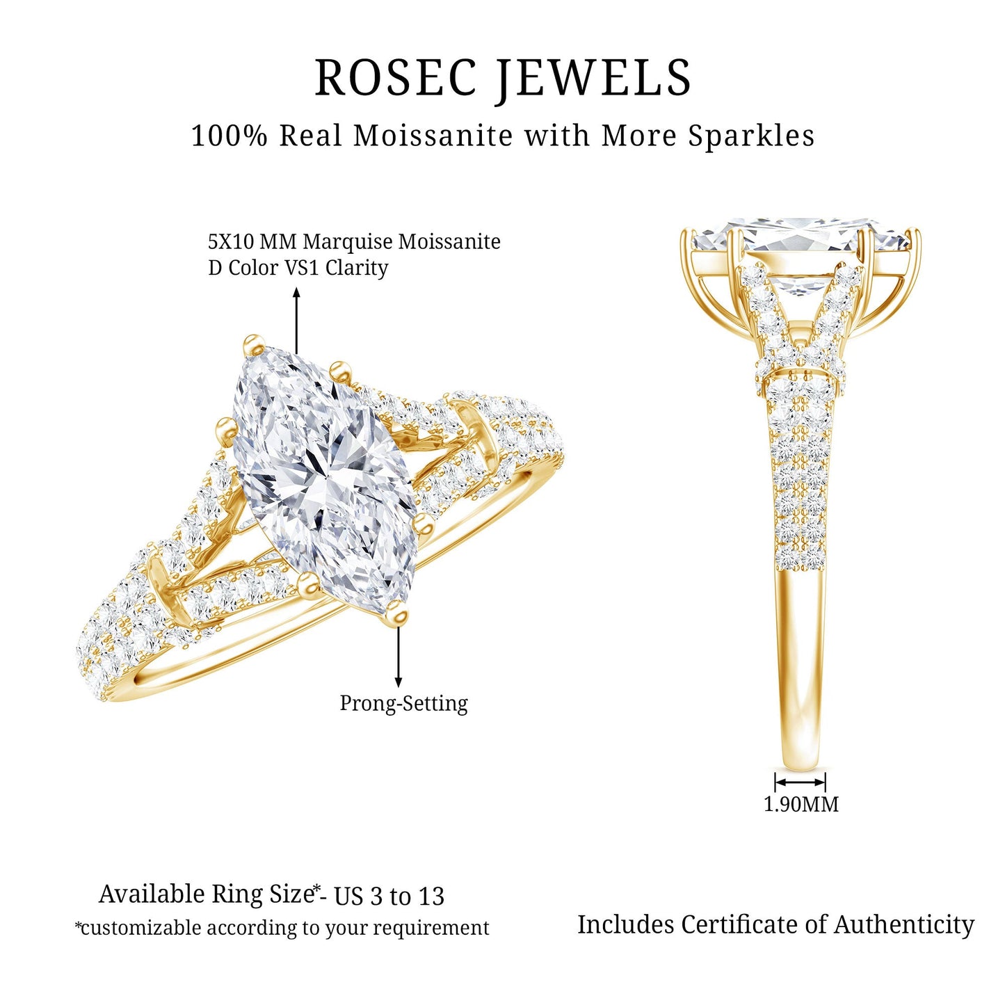 Certified 1 Carat Moissanite Marquise Engagement Ring with Split Shank