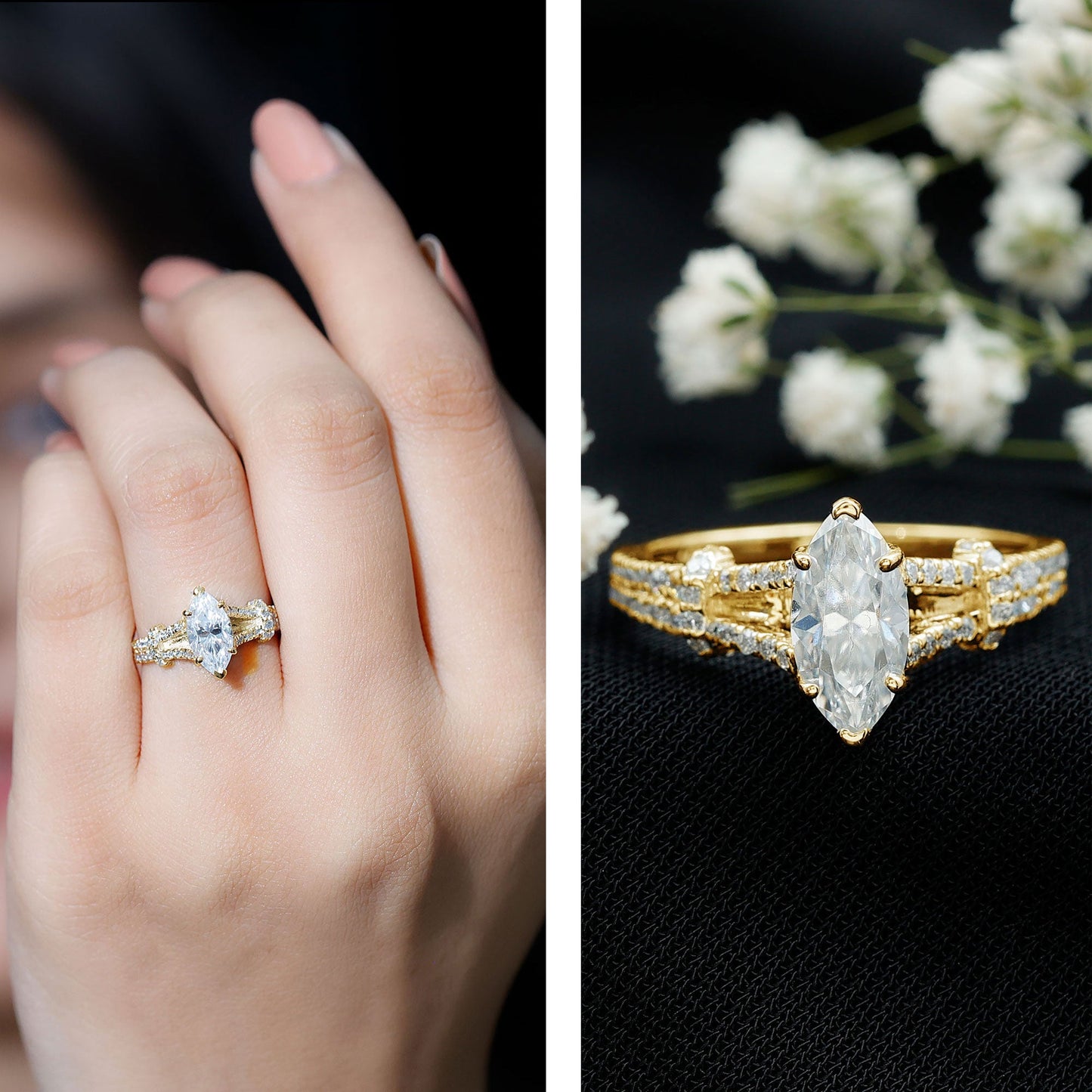 Certified 1 Carat Moissanite Marquise Engagement Ring with Split Shank