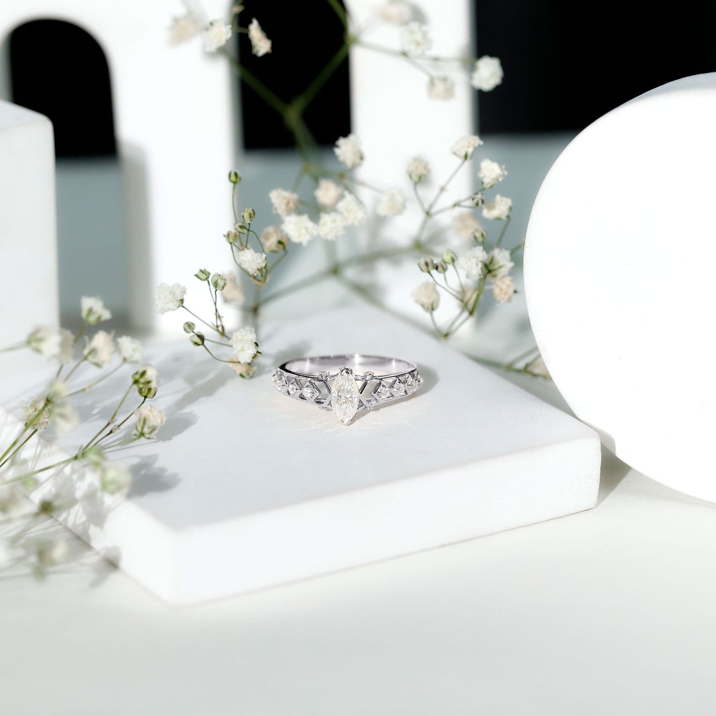 Art Deco Looking Moissanite Marquise Engagement Ring
