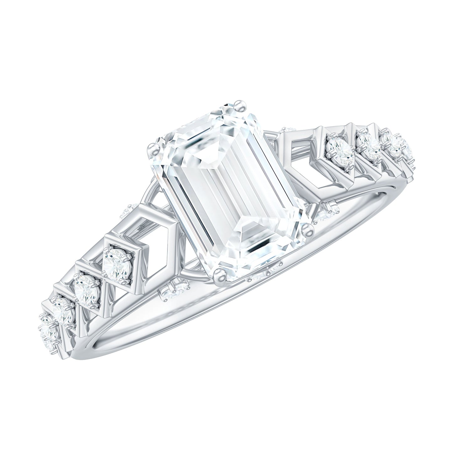 1.8 Carat Emerald Cut Moissanite Solitaire Engagement Ring with Side Stones