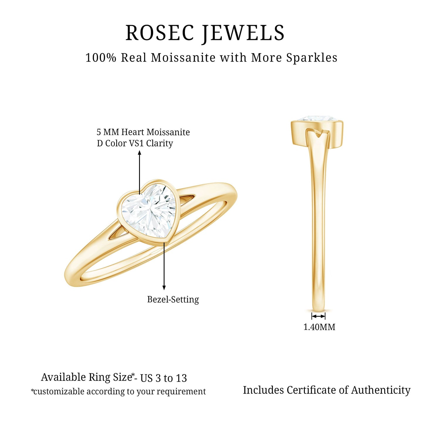 0.5 Carat Heart Shape Moissanite Solitaire Ring with Split Shank