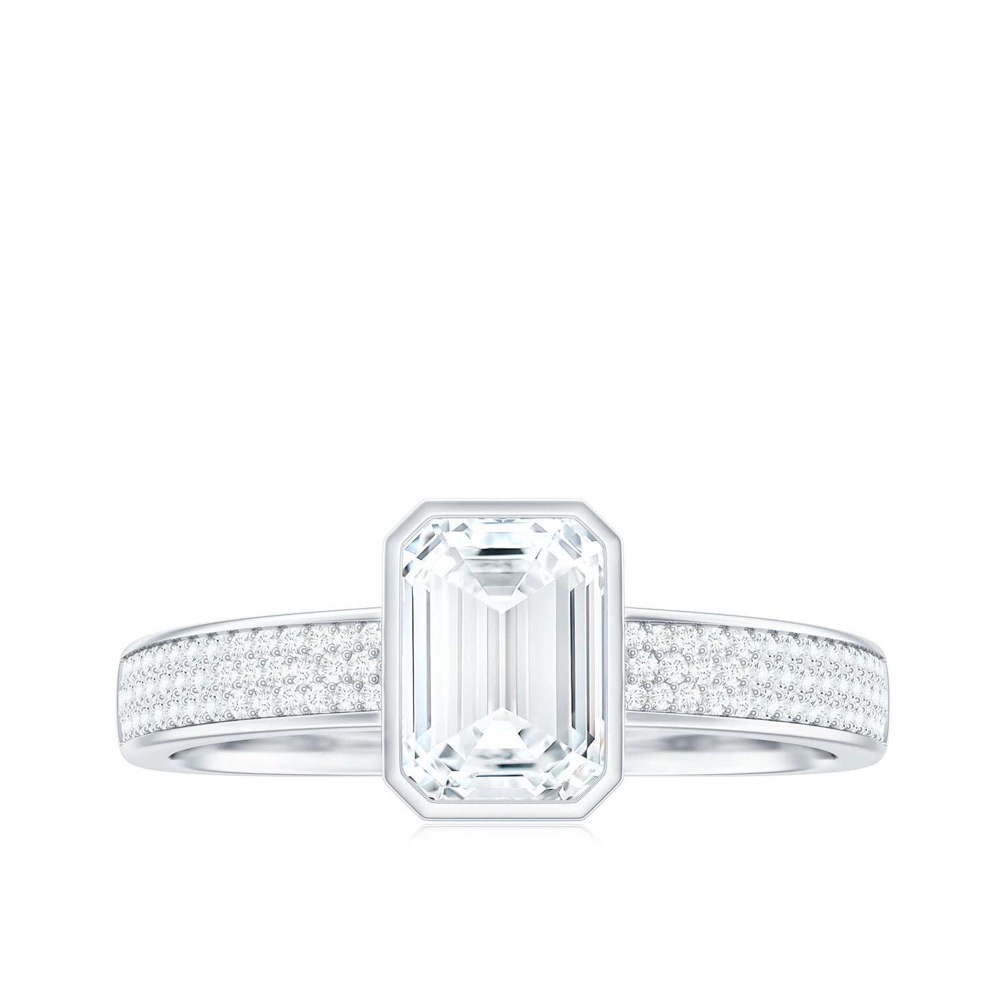 1.8 Carat Emerald Cut Moissanite Bezel Set Engagement Ring with Side Stones