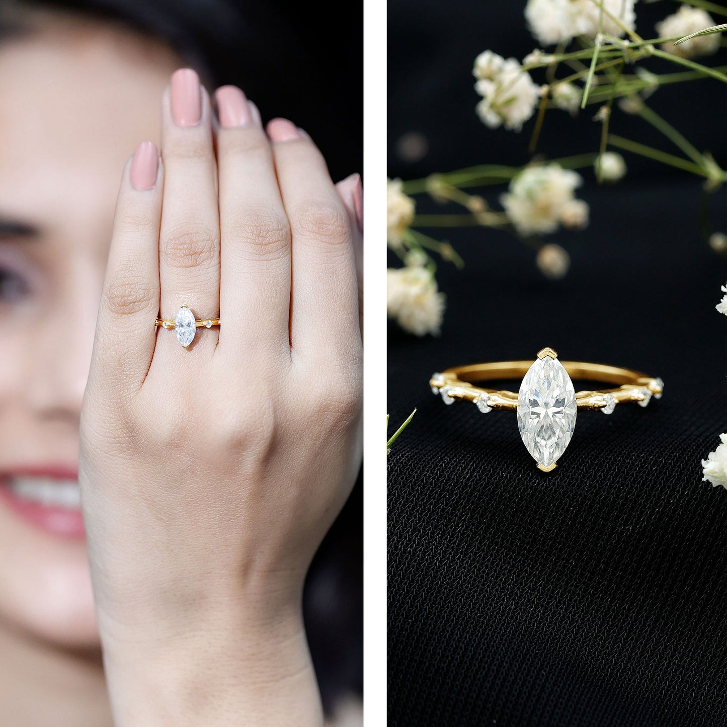Large Marquise Cut Moissanite Solitaire Engagement Ring