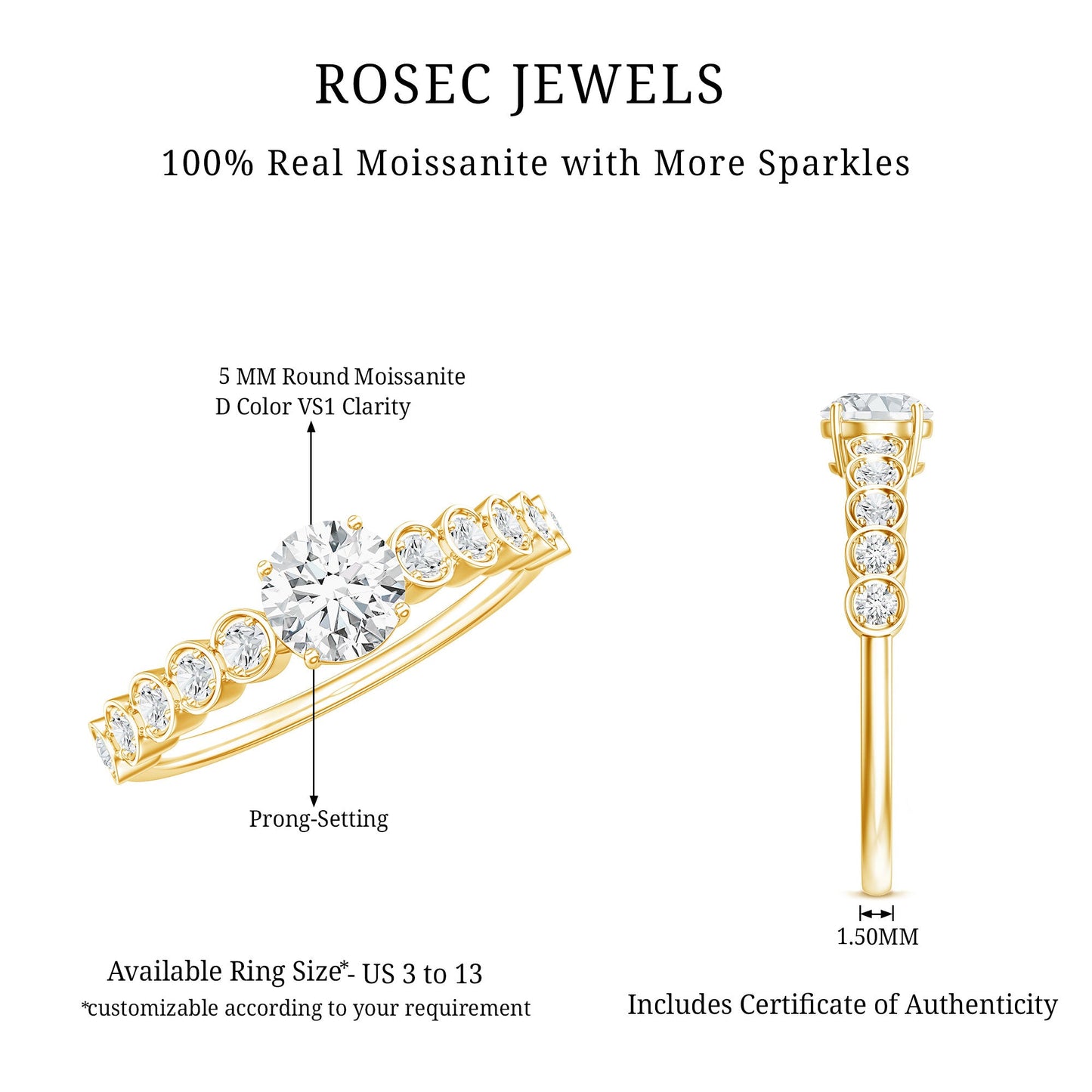 Certified 0.5 Carat Round Moissanite Engagement Ring with Side Stones