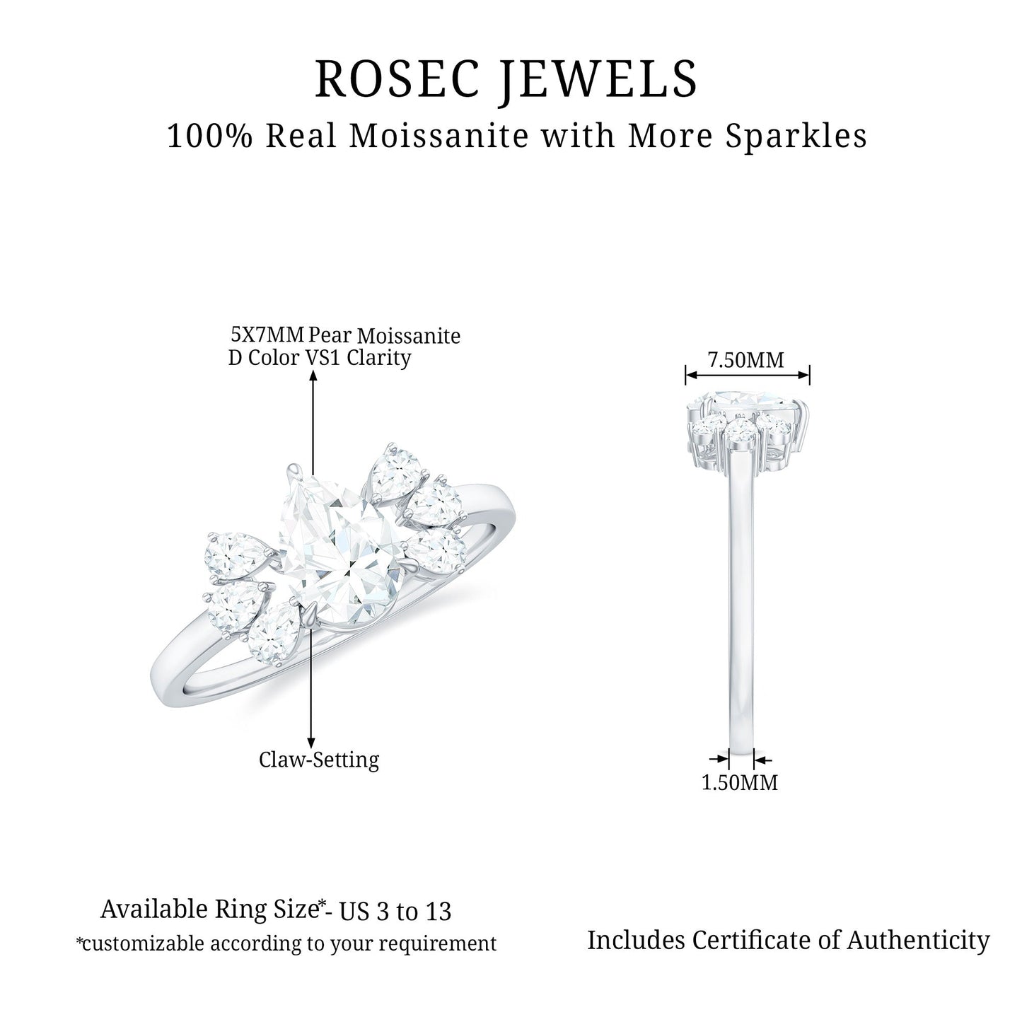 Certified Moissanite Pear Shape Engagement Ring with Trio