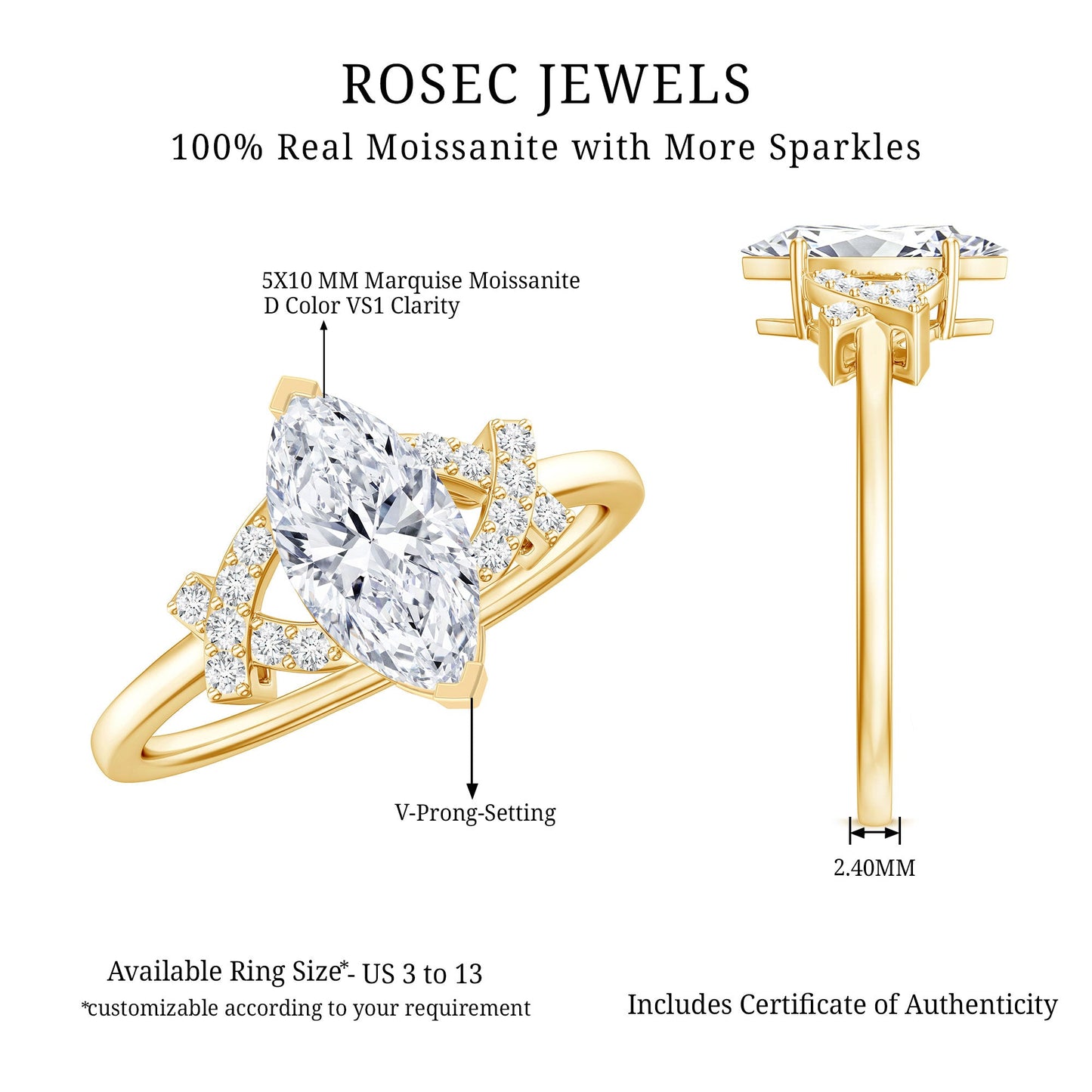 Certified 1 Carat Moissanite Marquise Engagement Ring in Split Shank