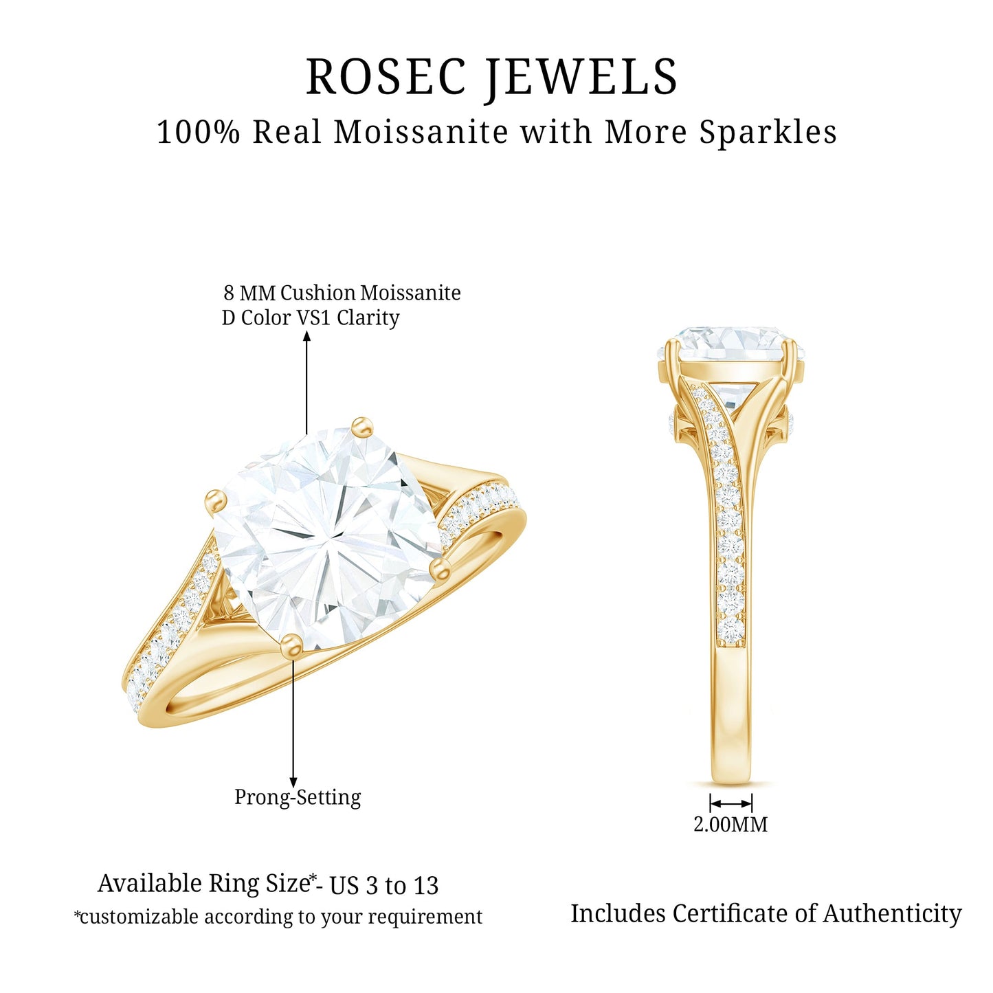 Huge Cushion Cut Moissanite Engagement Ring with Split Shank