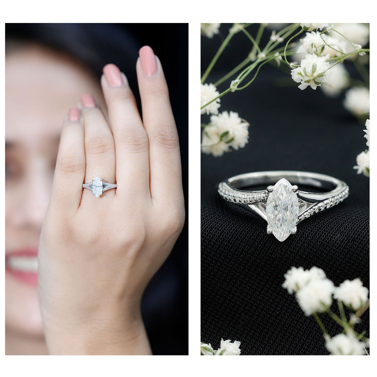 Marquise Cut Moissanite Solitaire Engagement Ring with Split Shank