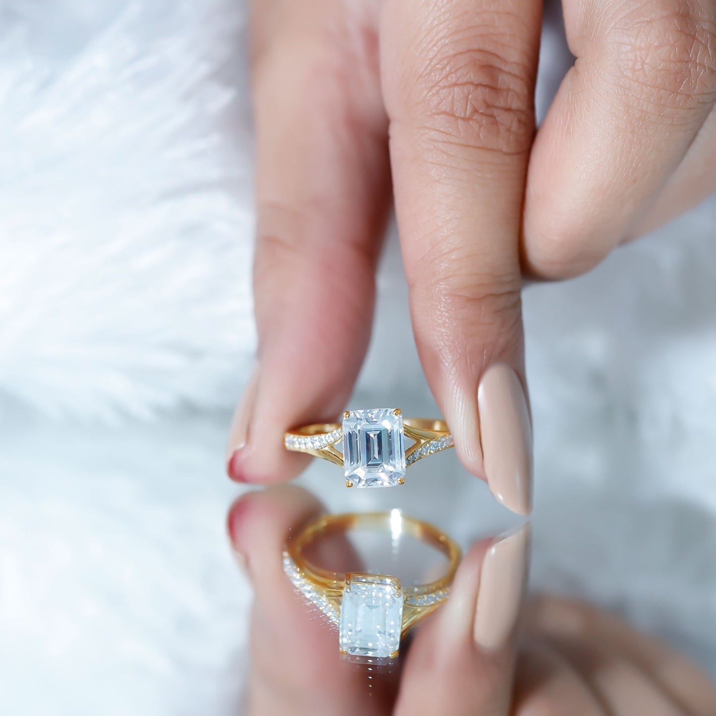 Emerald Cut Moissanite Solitaire Engagement Ring with Split Shank