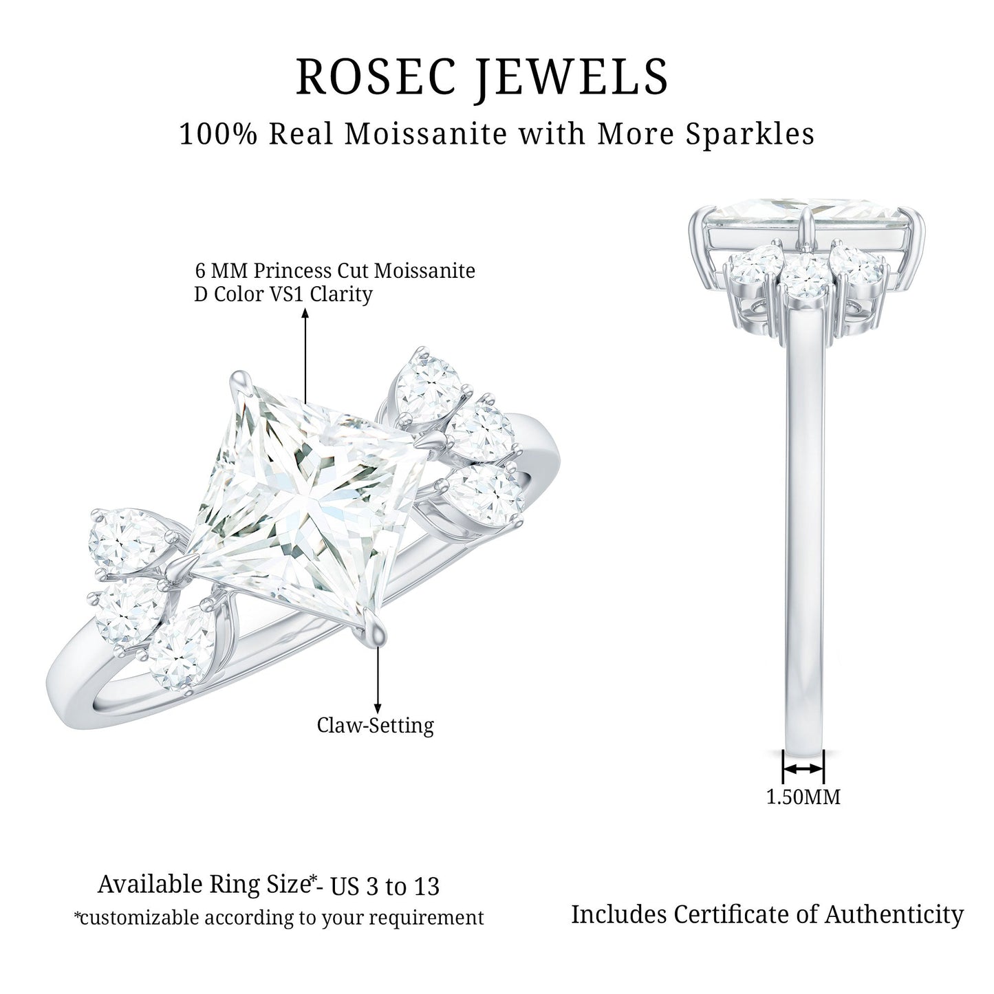 1.2 Carat Princess Cut Moissanite Cluster Engagement Ring