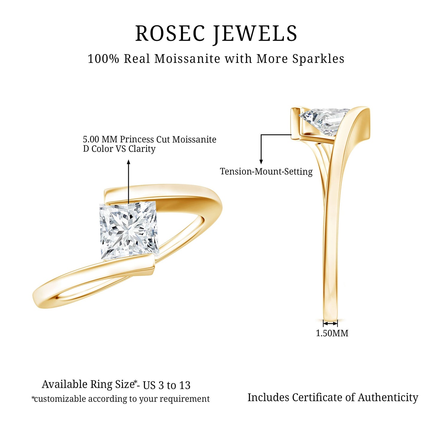 Classic Princess Cut Moissanite Solitaire Bypass Ring