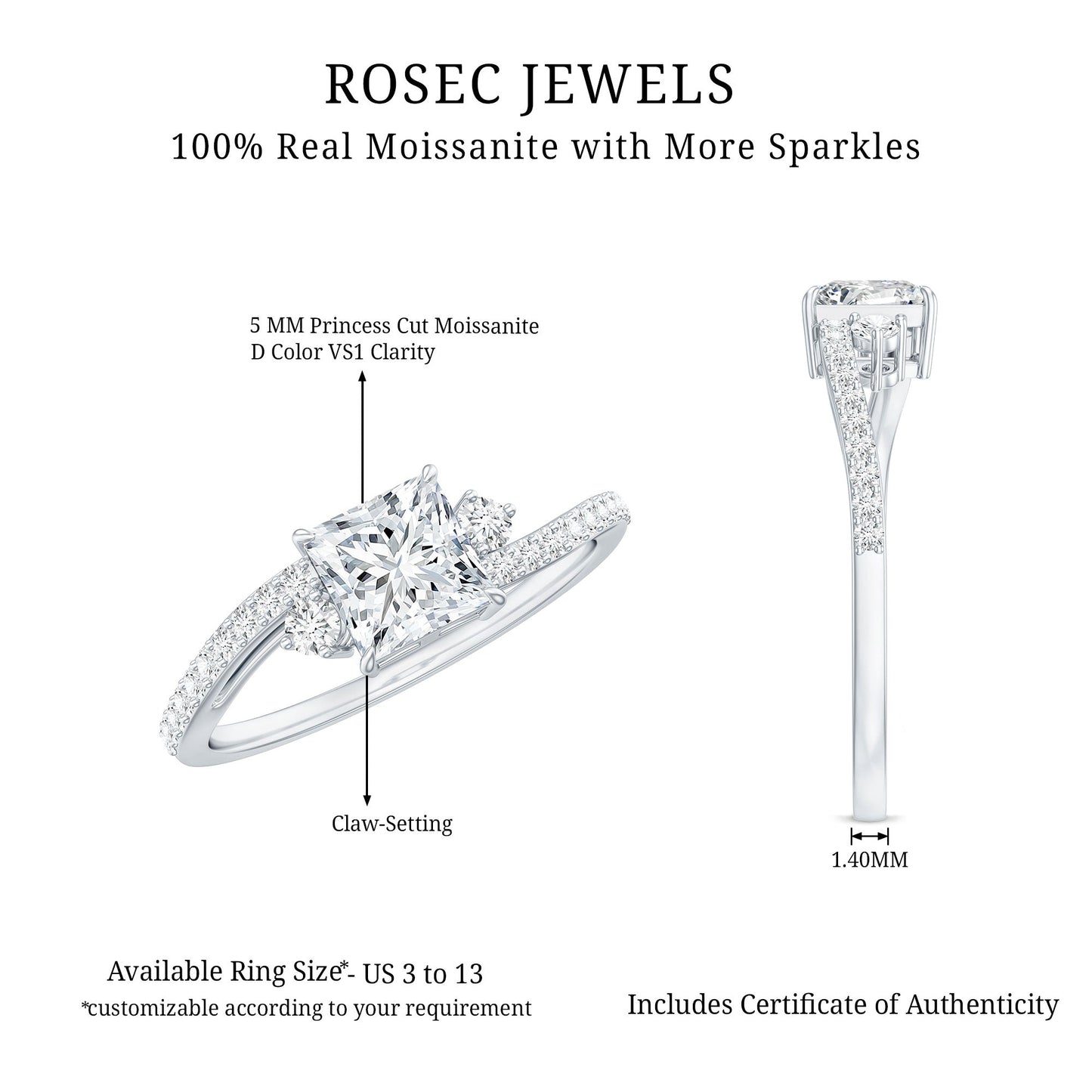 Princess Cut Moissanite Bypass Engagement Ring