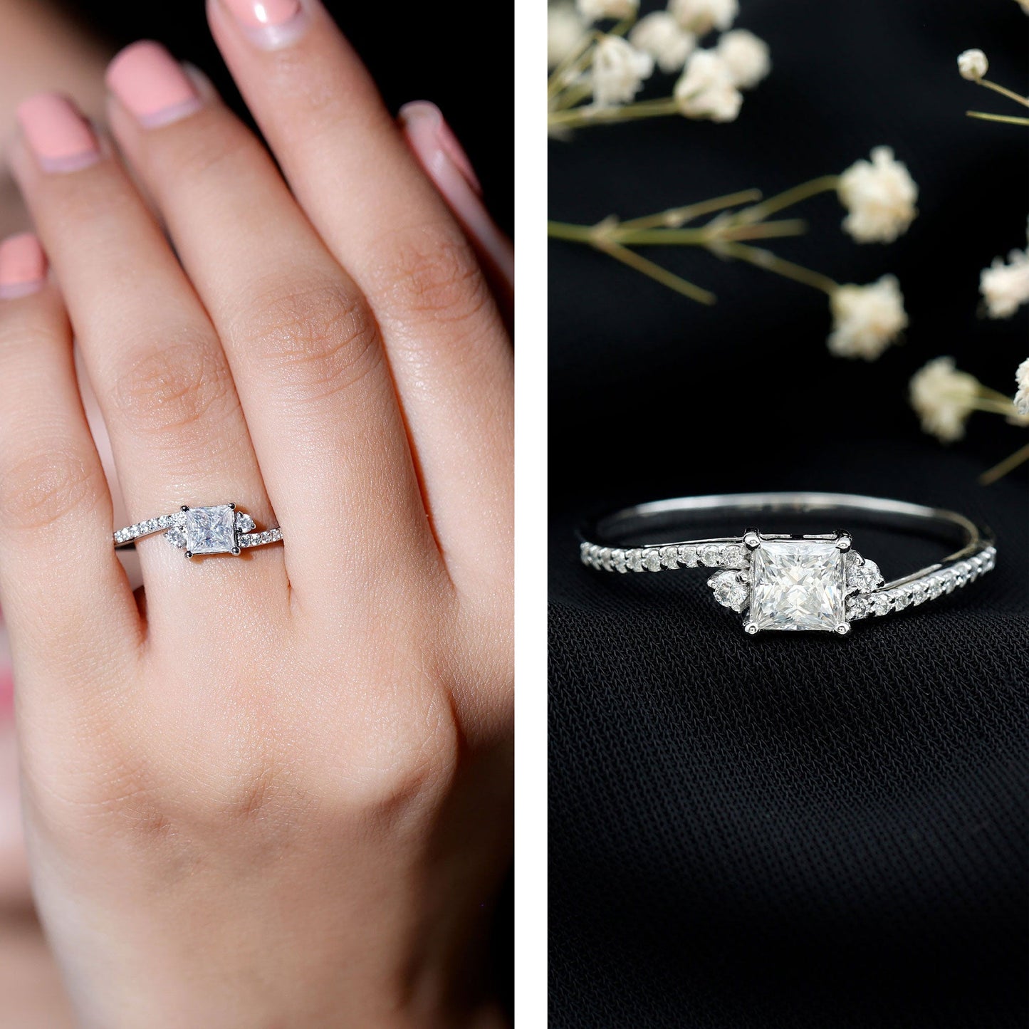 Princess Cut Moissanite Bypass Engagement Ring