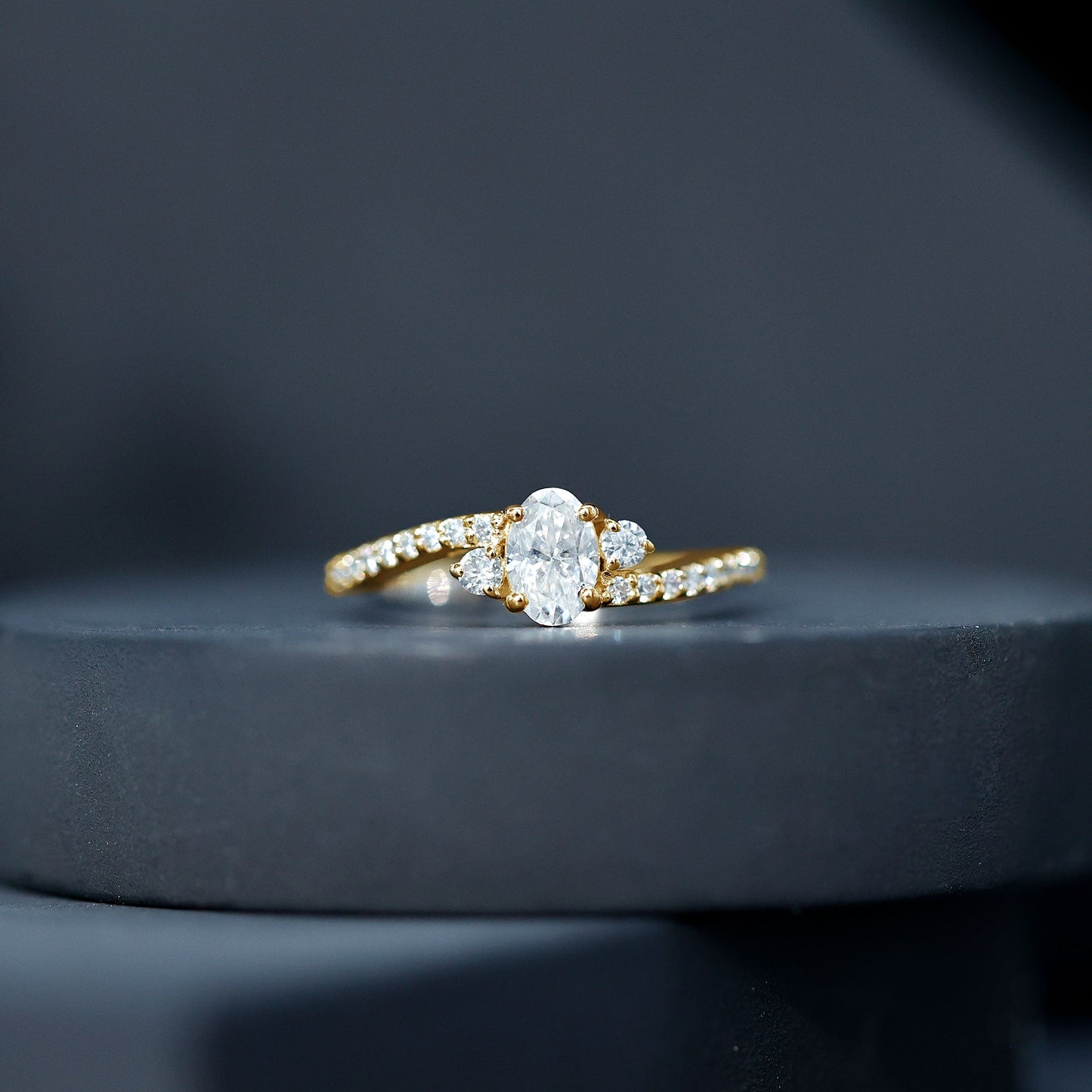 Oval Moissanite Bypass Engagement Ring with Side Stones