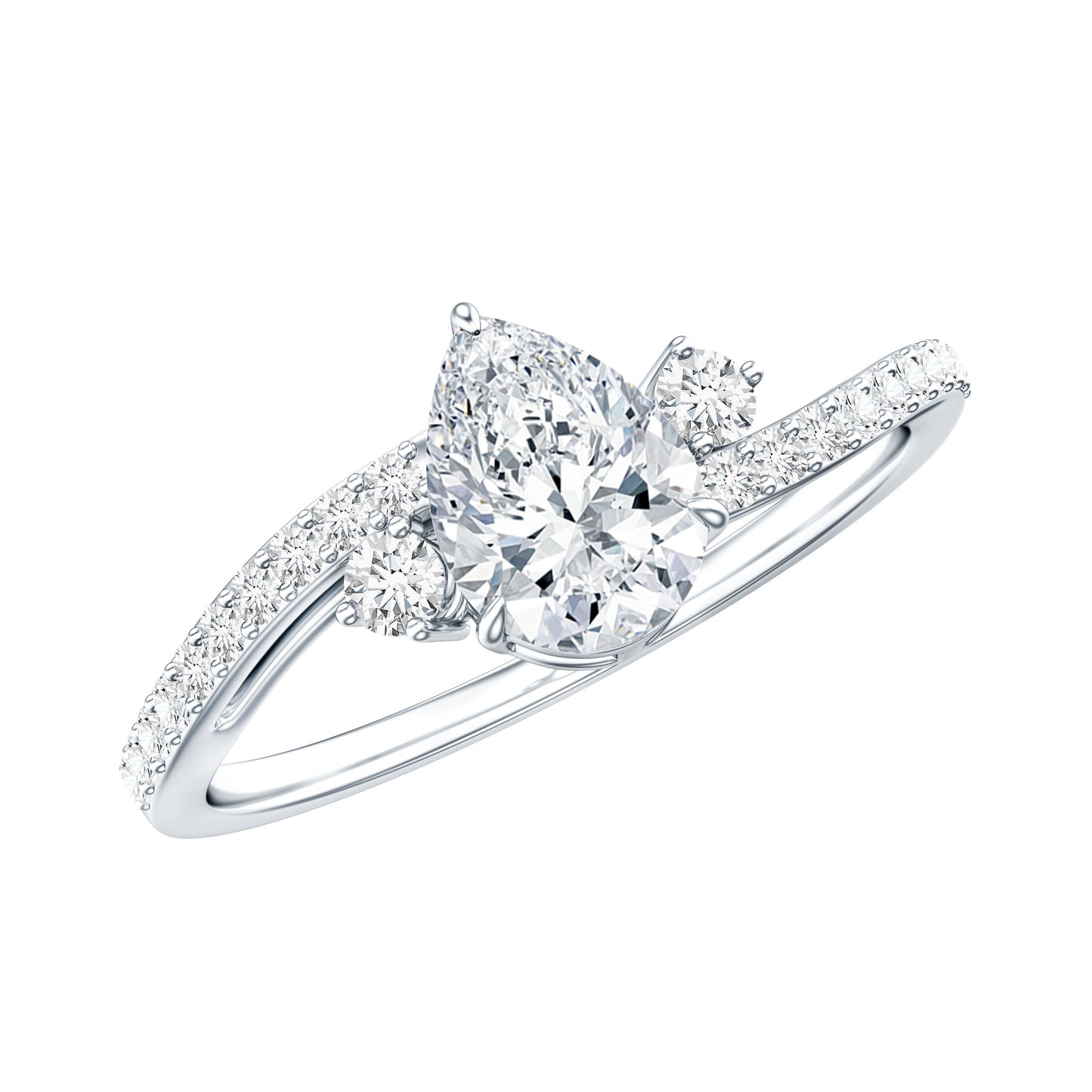 Pear Cut Moissanite Bypass Engagement Ring with Side Stones