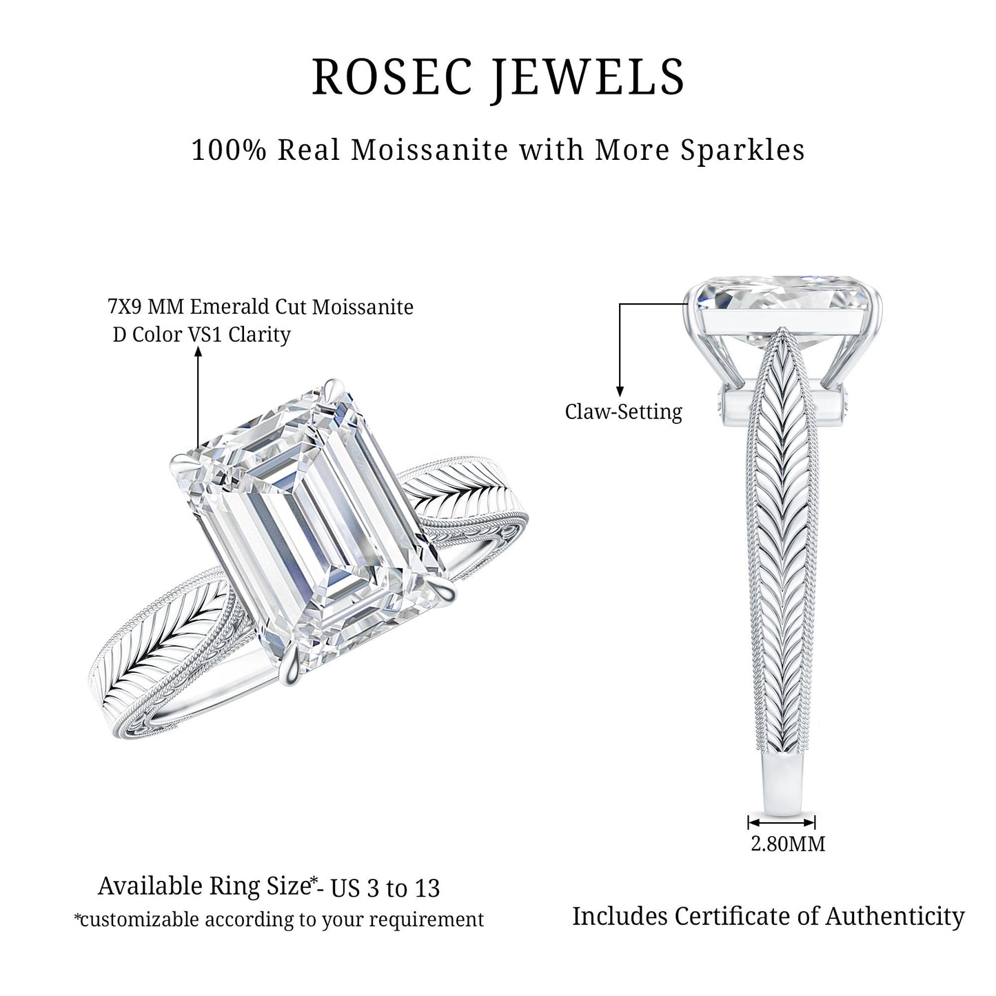 2.8 Carat Emerald Cut Certified Moissanite Vintage Inspired Engagement Ring