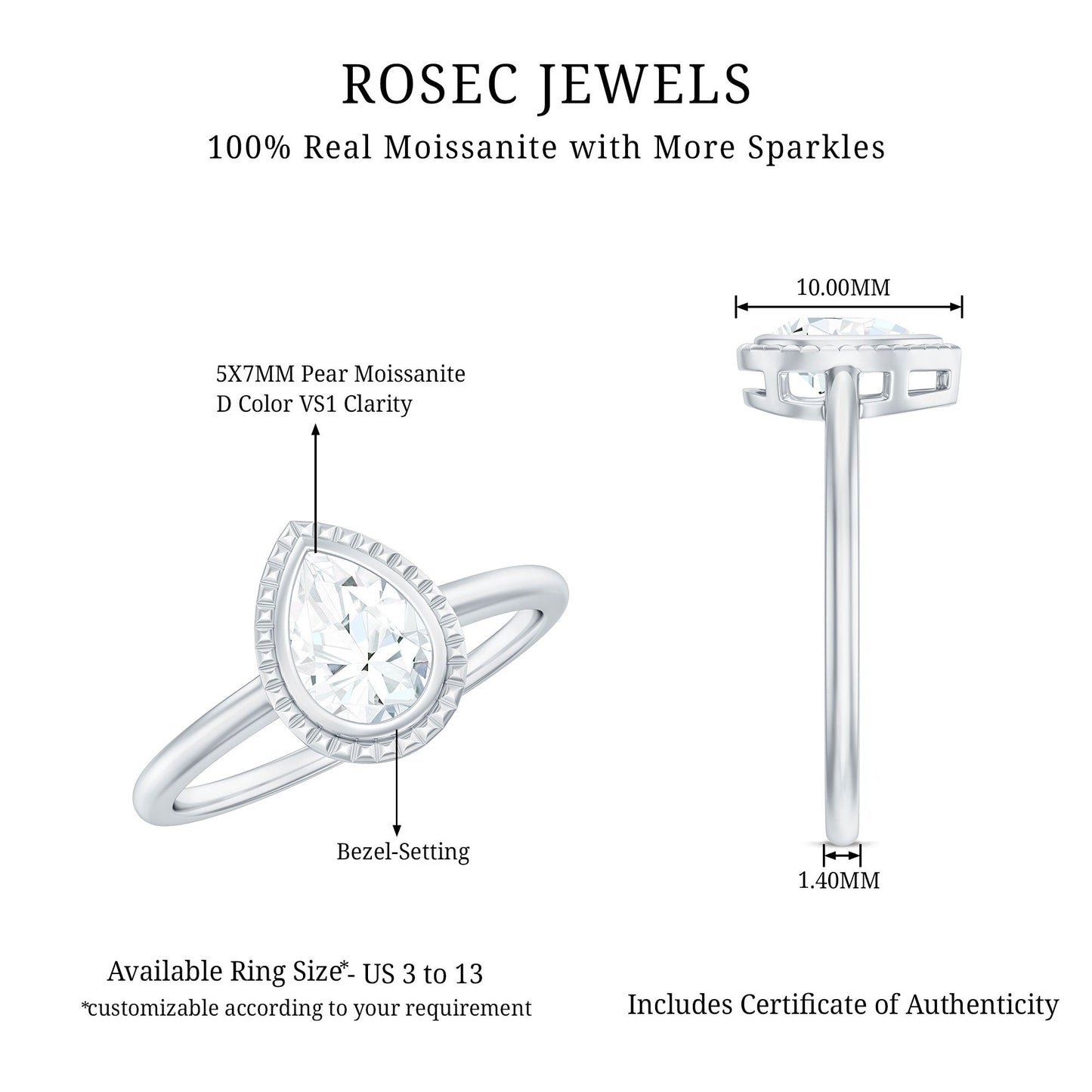 Pear Shaped Moissanite Solitaire Engagement Ring in Bezel Setting