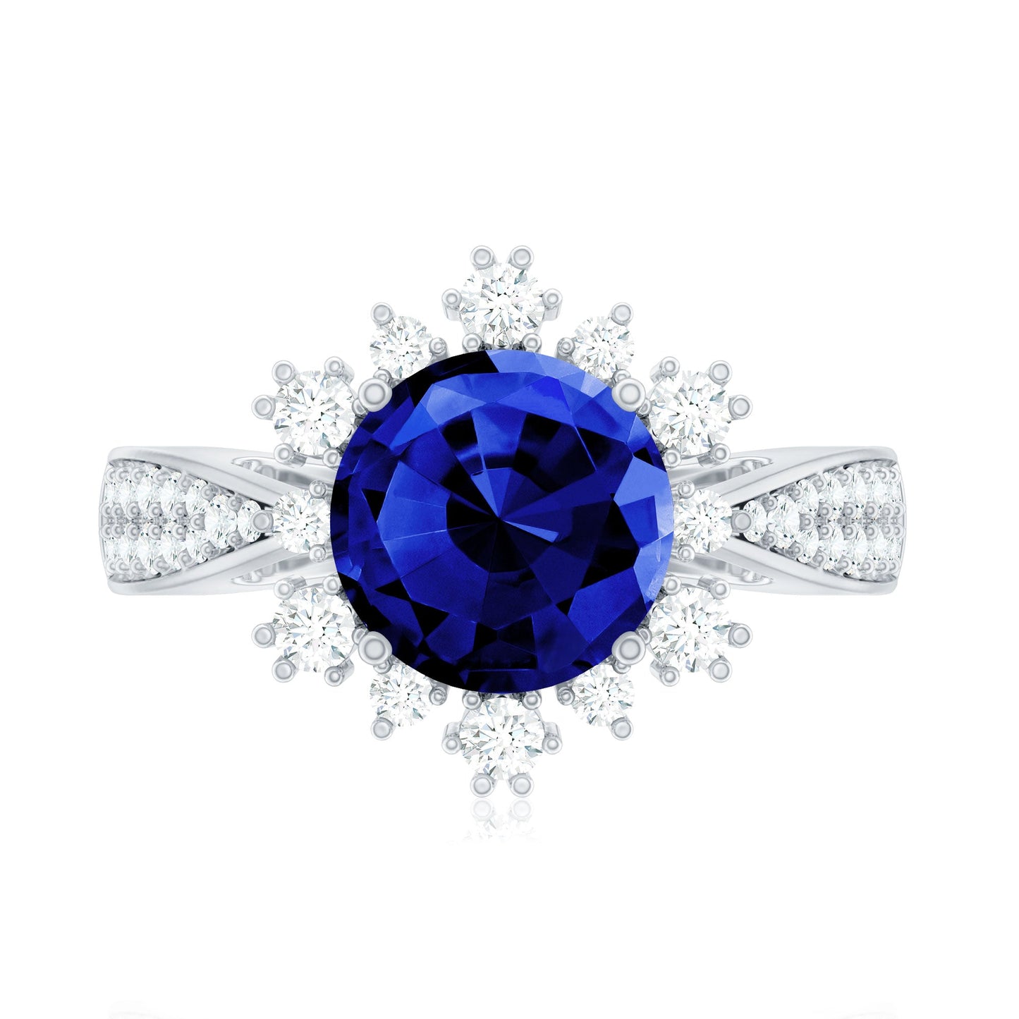 Lab Grown Blue Sapphire Round Engagement Ring with Diamond Accent