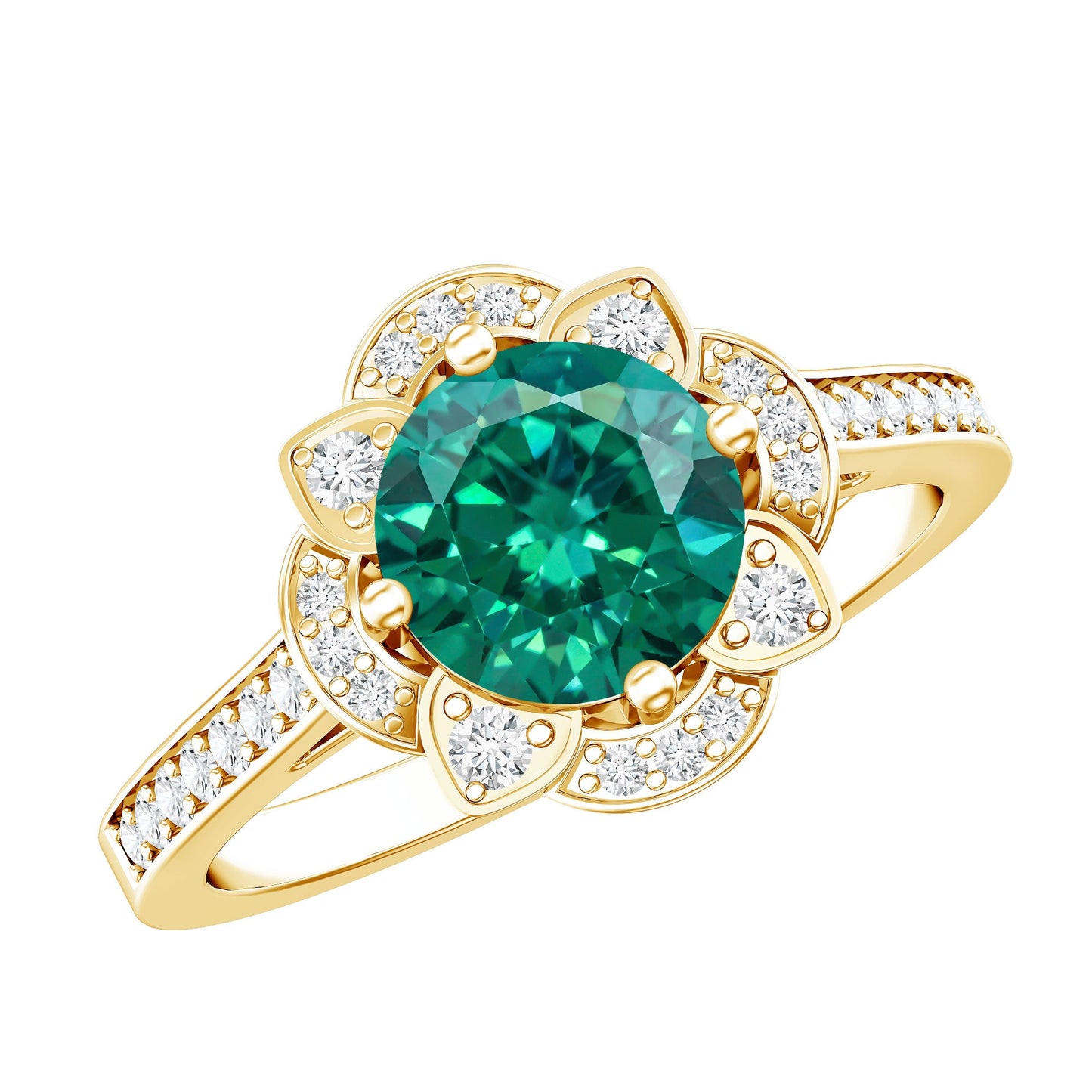 2 Carat Lab Grown Emerald Vintage Inspired Engagement Ring with Diamond
