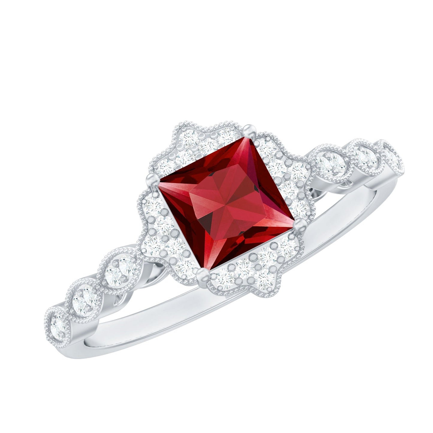 Certified Lab Created Ruby Square Cut Engagement Ring with Diamonds