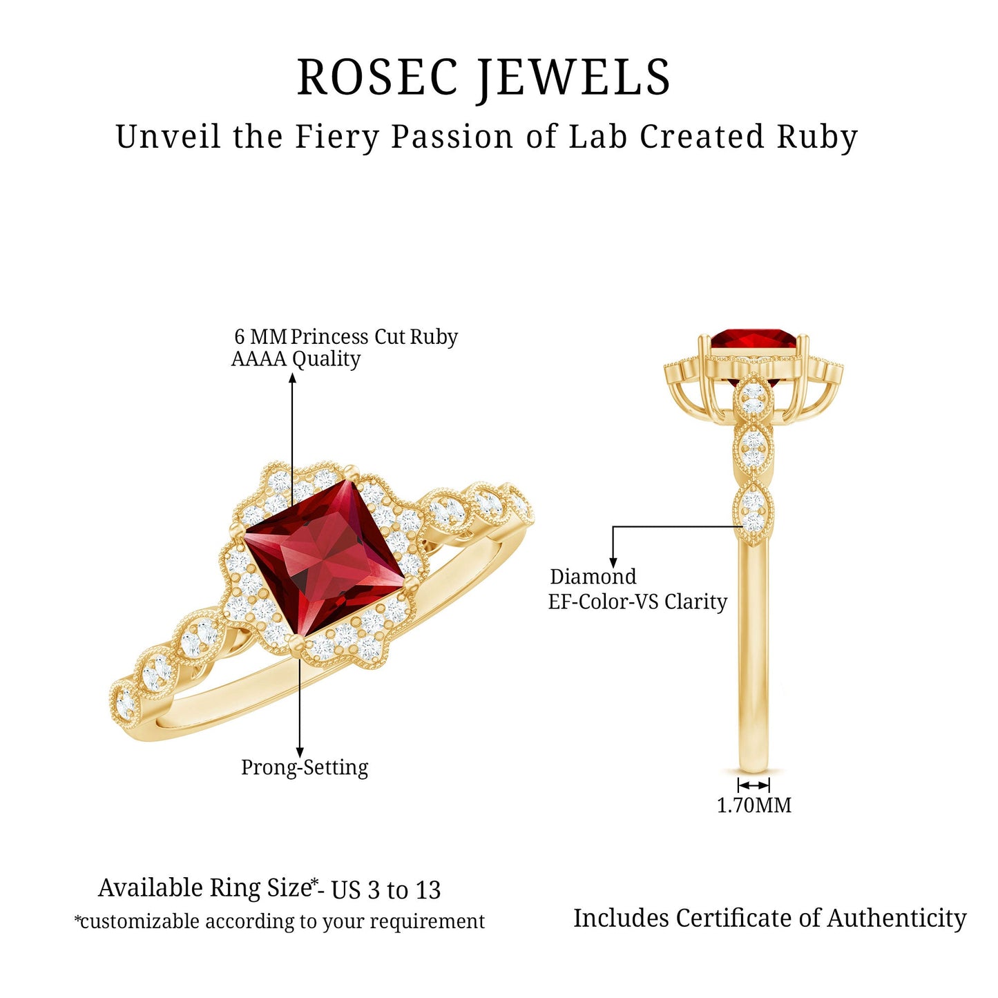 Certified Lab Created Ruby Square Cut Engagement Ring with Diamonds