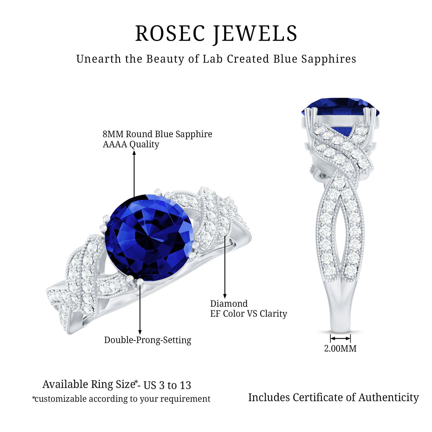 Designer 2.7 Carat Lab Grown Blue Sapphire Statement Engagement Ring with Diamond