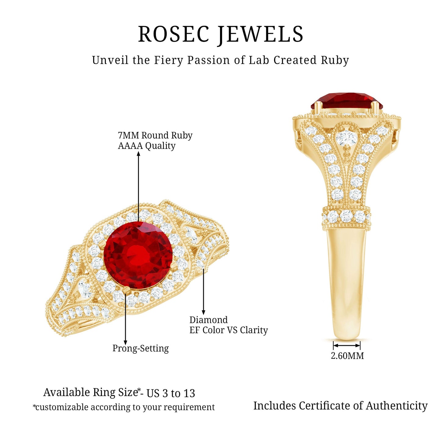 Antique Looking Lab Grown Ruby Engagement Ring with Diamond Halo