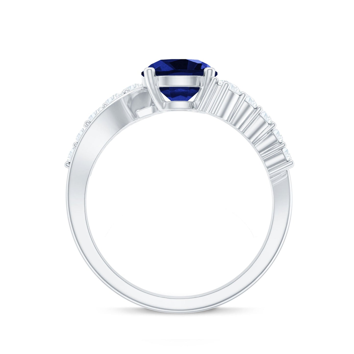 Certified 2.7 Carat Lab Grown Blue Sapphire Engagement Ring with Diamond Bypass Shank
