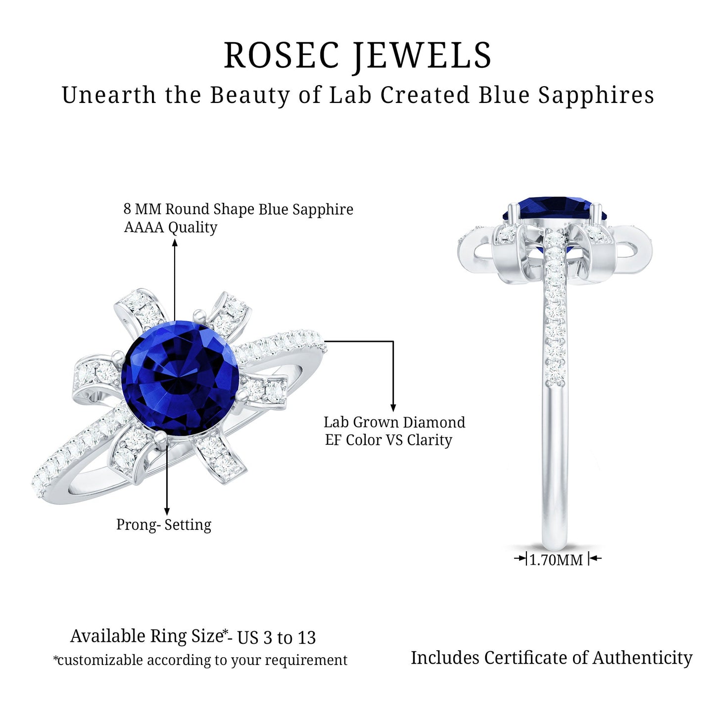 Nature Inspired 2.7 Carat Lab Grown Blue Sapphire Diamond Engagement  Ring