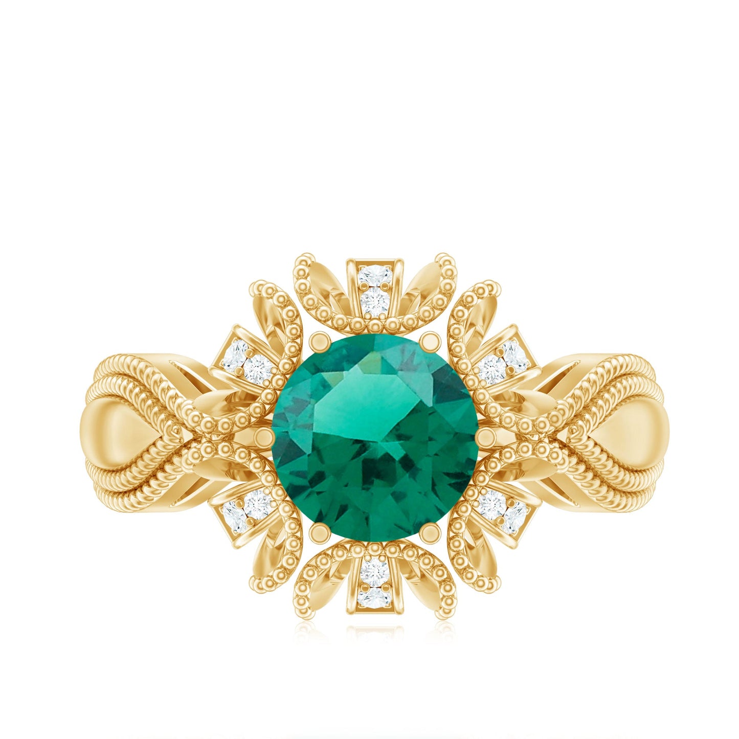 Lab Grown Emerald Vintage Style Flower Engagement Ring With Diamond