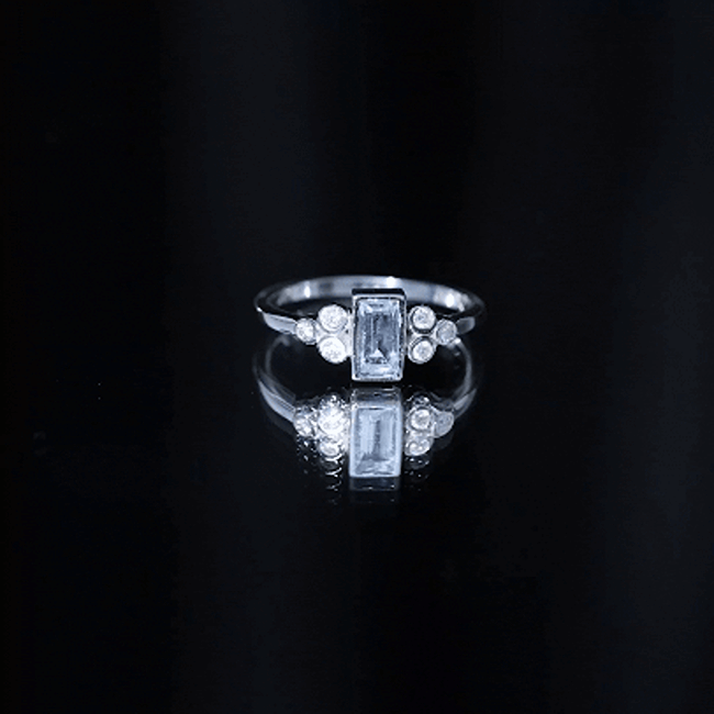Sterling Silver Baguette Aquamarine Promise Ring with Moissanite Trio