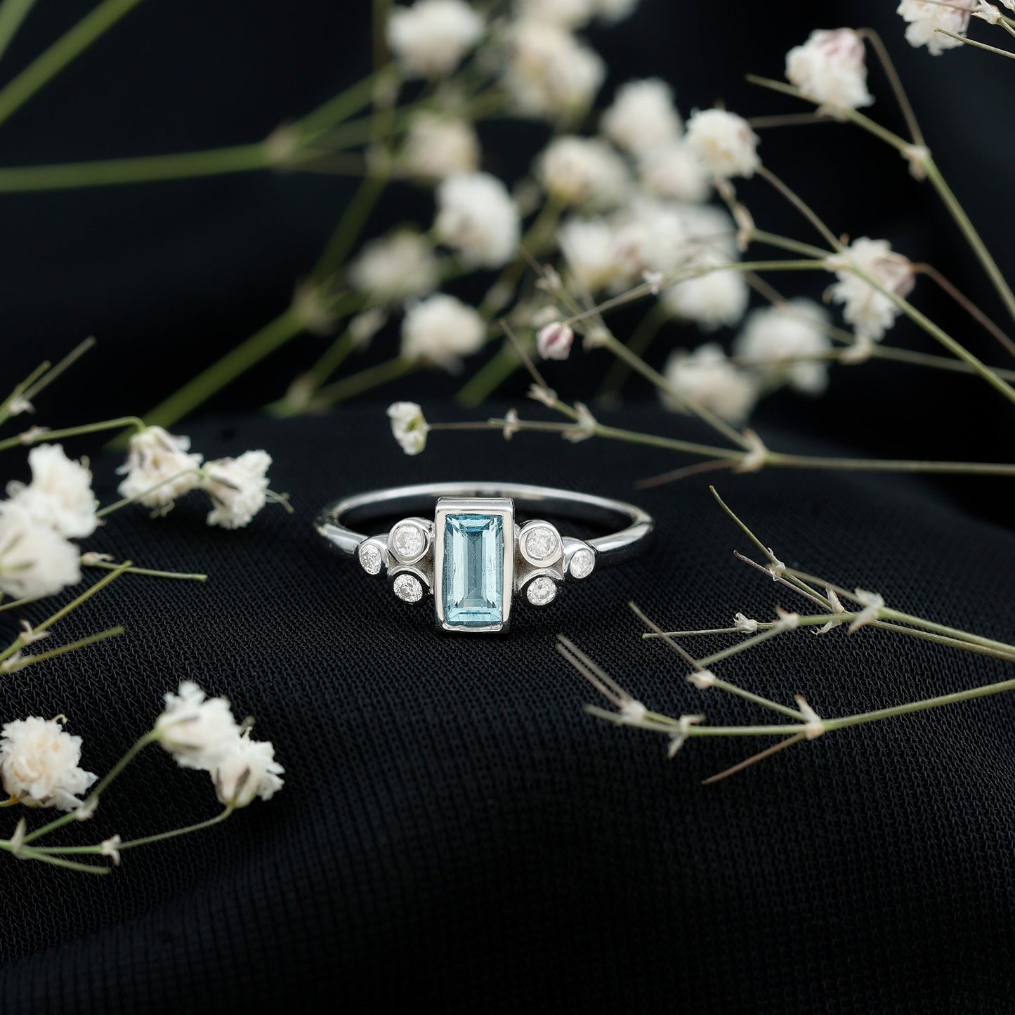 Sterling Silver Baguette Aquamarine Promise Ring with Moissanite Trio